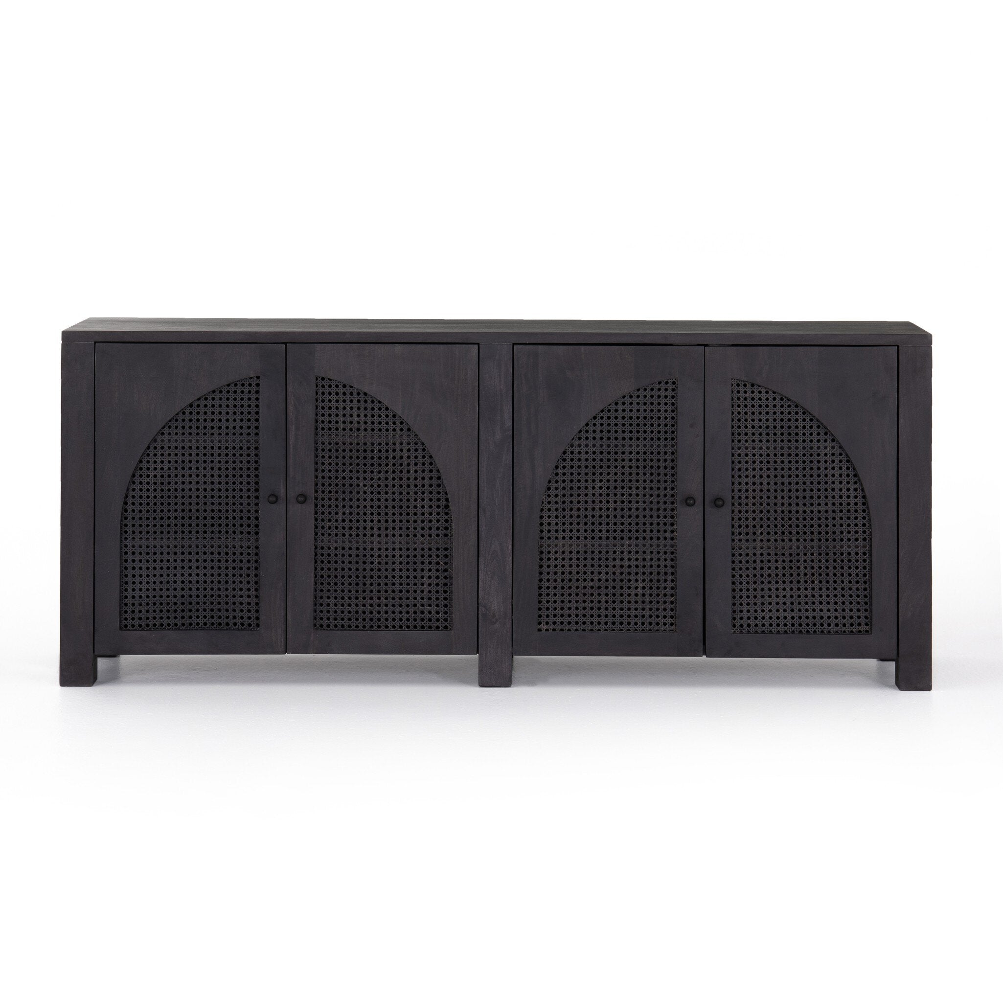 Black-washed mango sideboard with arched cane door panels and black hardware on a white background. | Wildwood Home Co