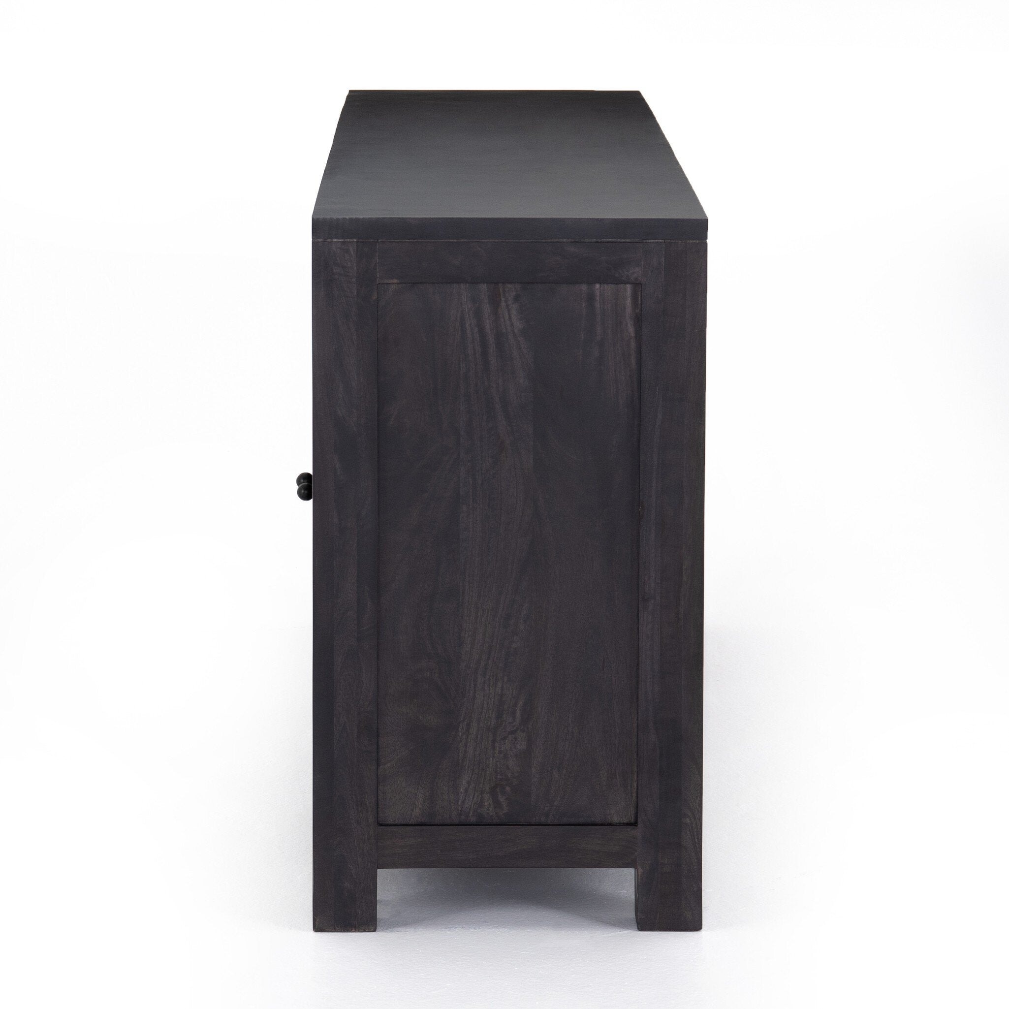 Black-washed mango sideboard with arched cane door panels and black hardware on a white background.