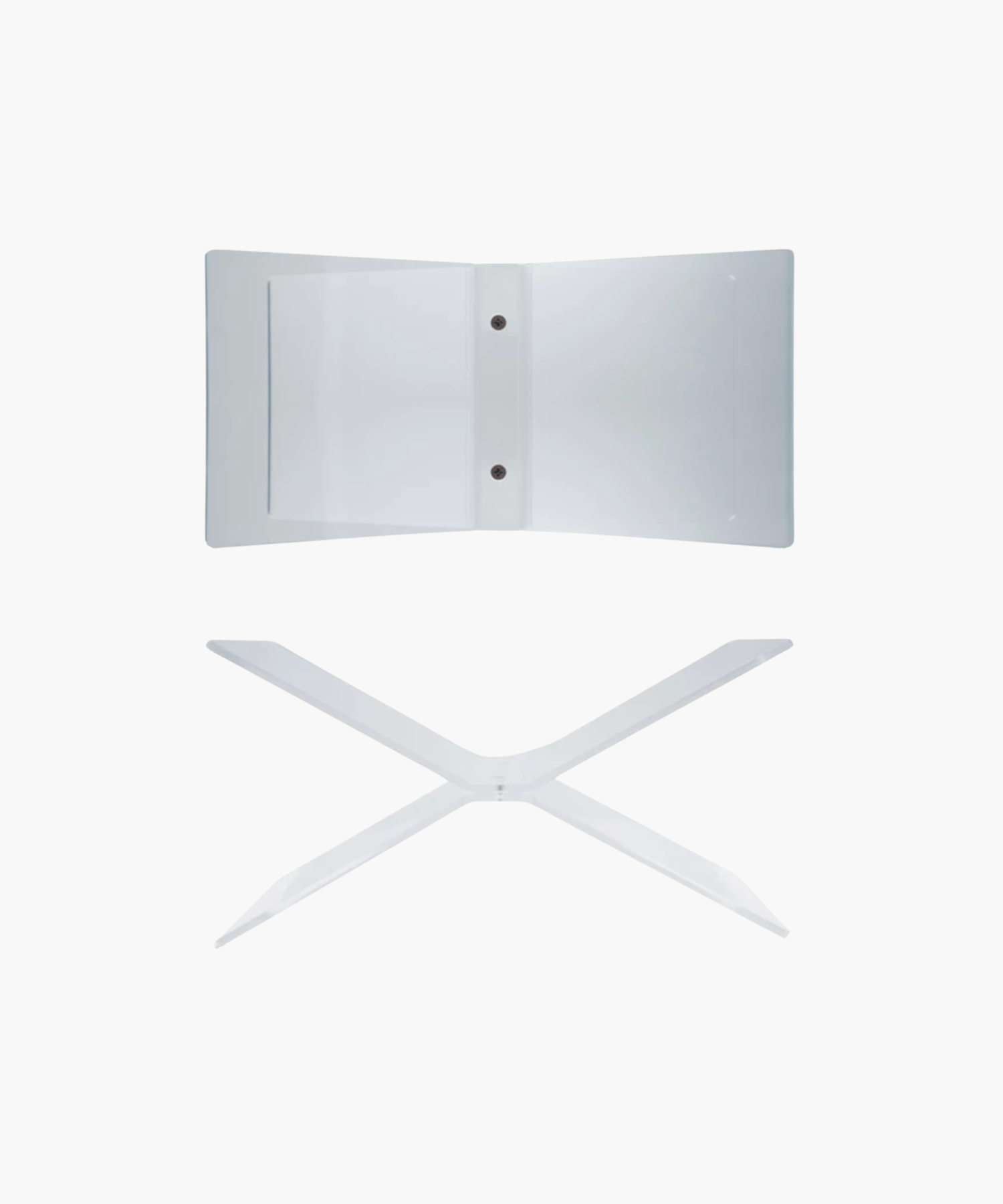 Transparent X-shaped and open book-like acrylic stands on plain white background. Modern, minimalist design, emphasizing simplicity and elegance.