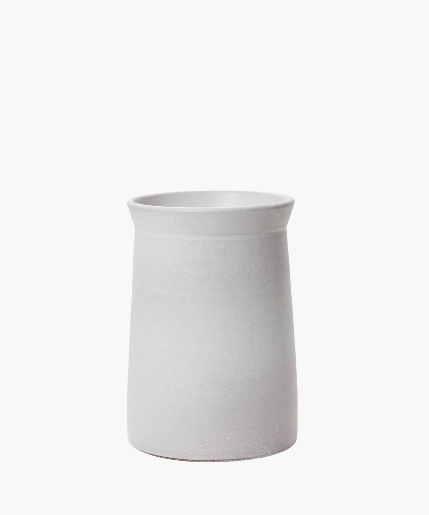 A minimalist, cylindrical white ceramic vase with a slightly flared rim against a plain white background, conveying simplicity and elegance. | S.W. Home