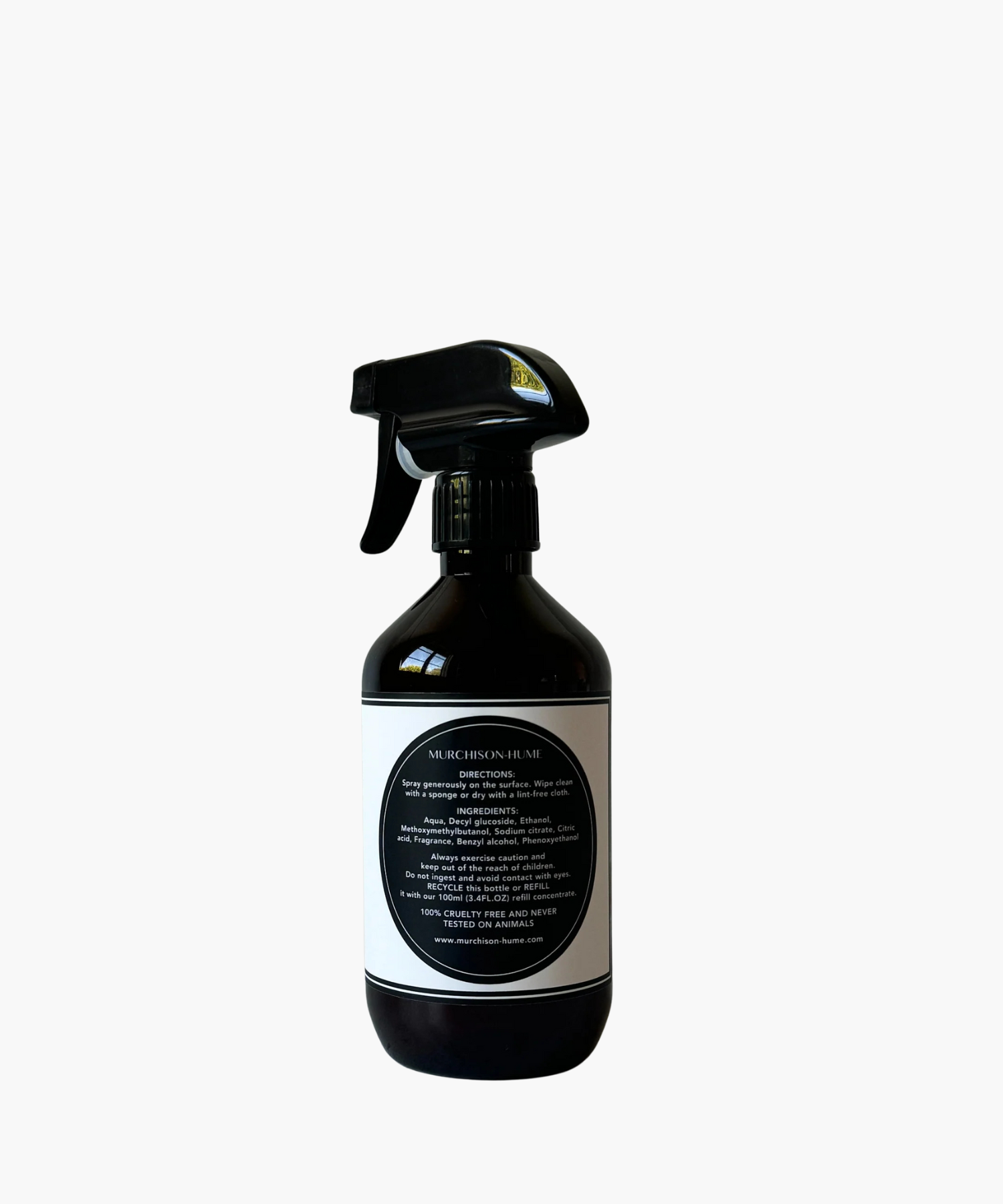 Black spray bottle with a label on a white background