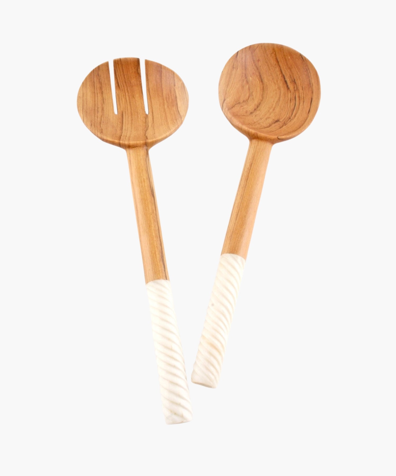 Two olive wood salad servers featuring light brown heads and off-white bone textured handles. They convey a minimalist, natural aesthetic. | SW Home