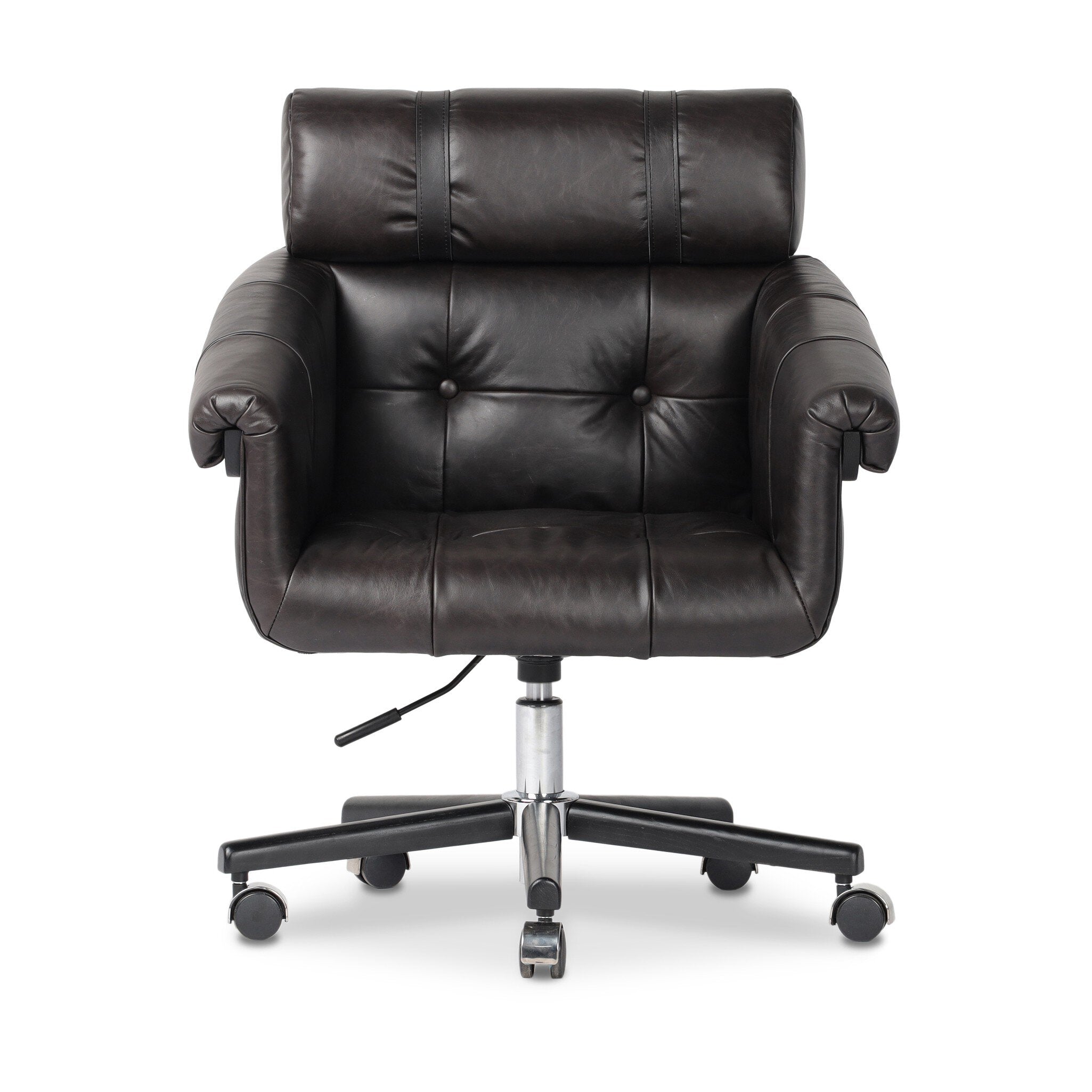 Tufted black leather desk chair with a chrome and black base on a white background. | S.W. Home