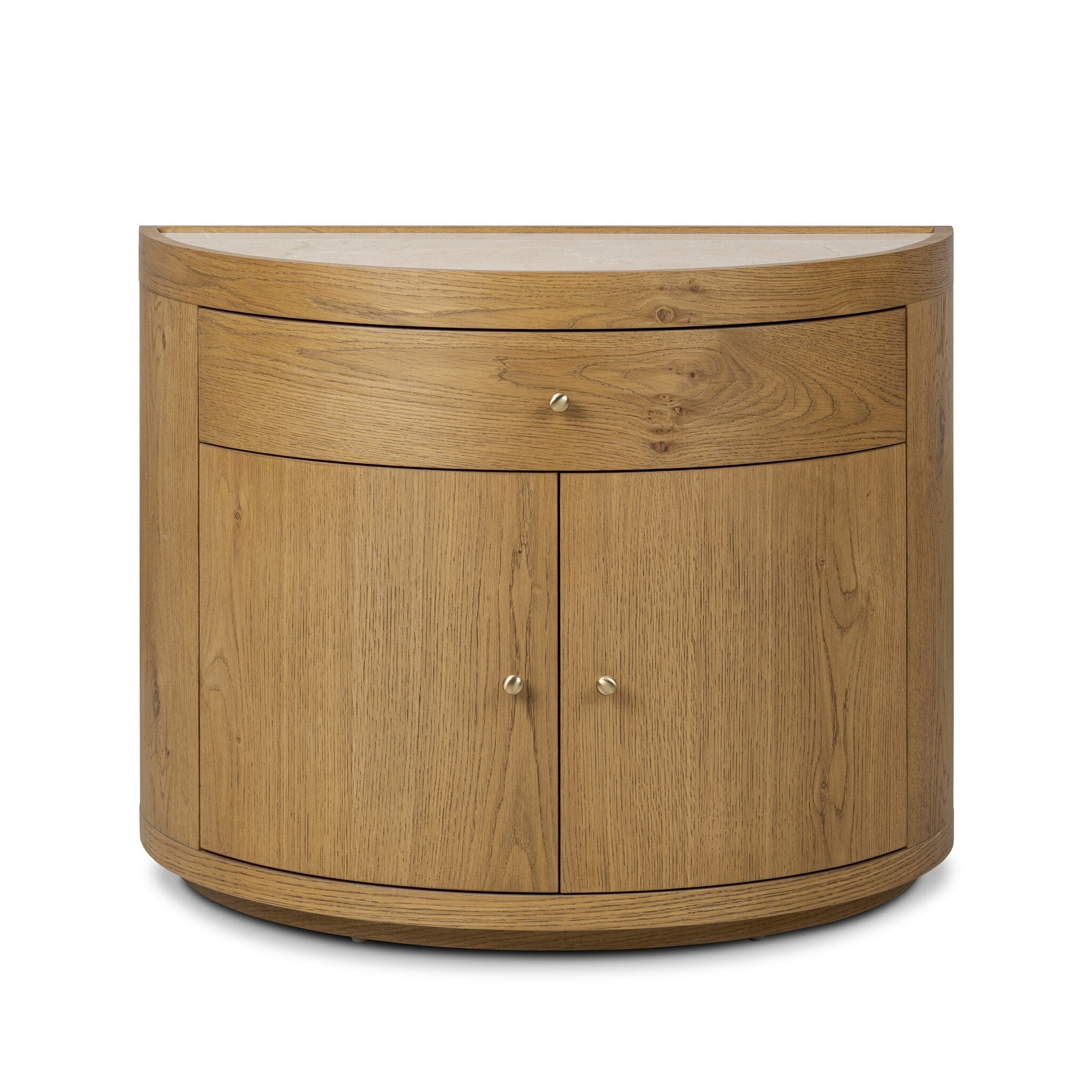 Crescent style night stand with doors and cream marble top. | S.W. Home
