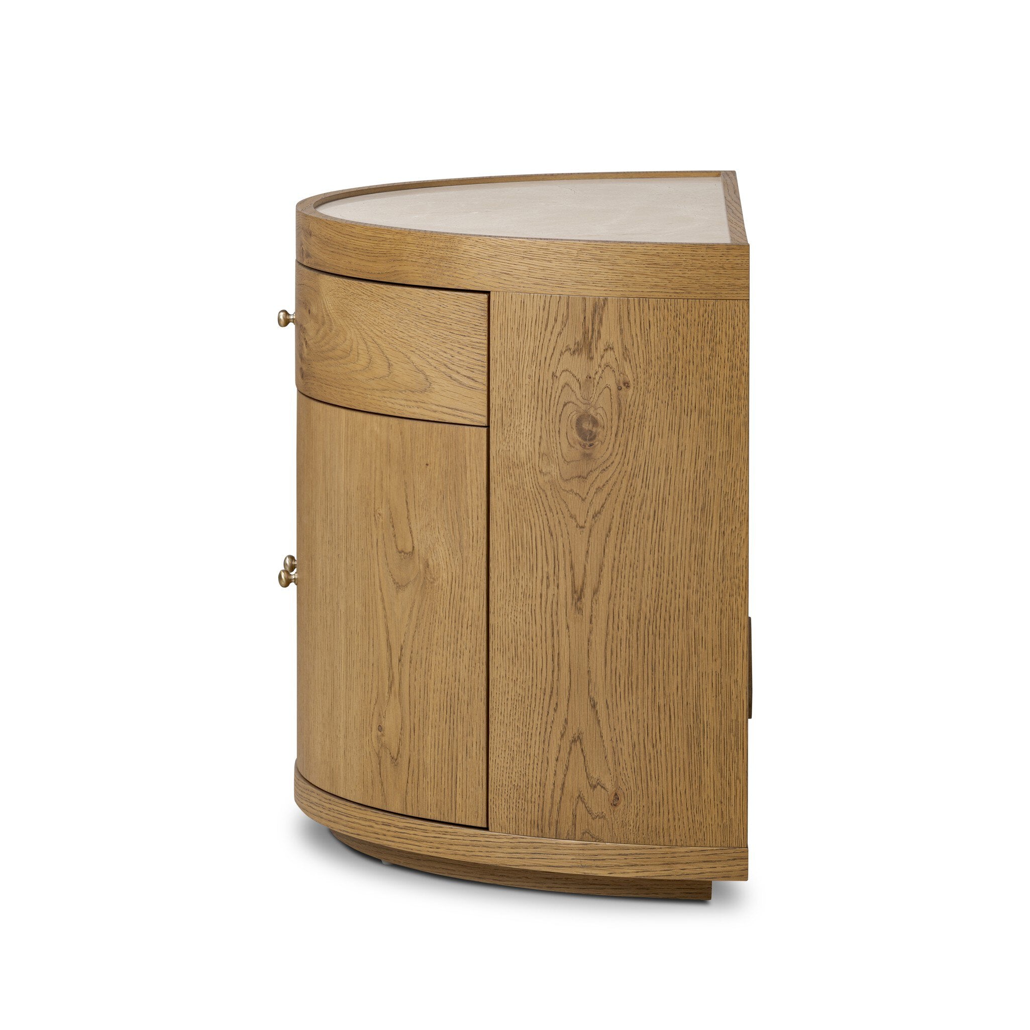 Side profile of a crescent style night stand with doors and cream marble top.