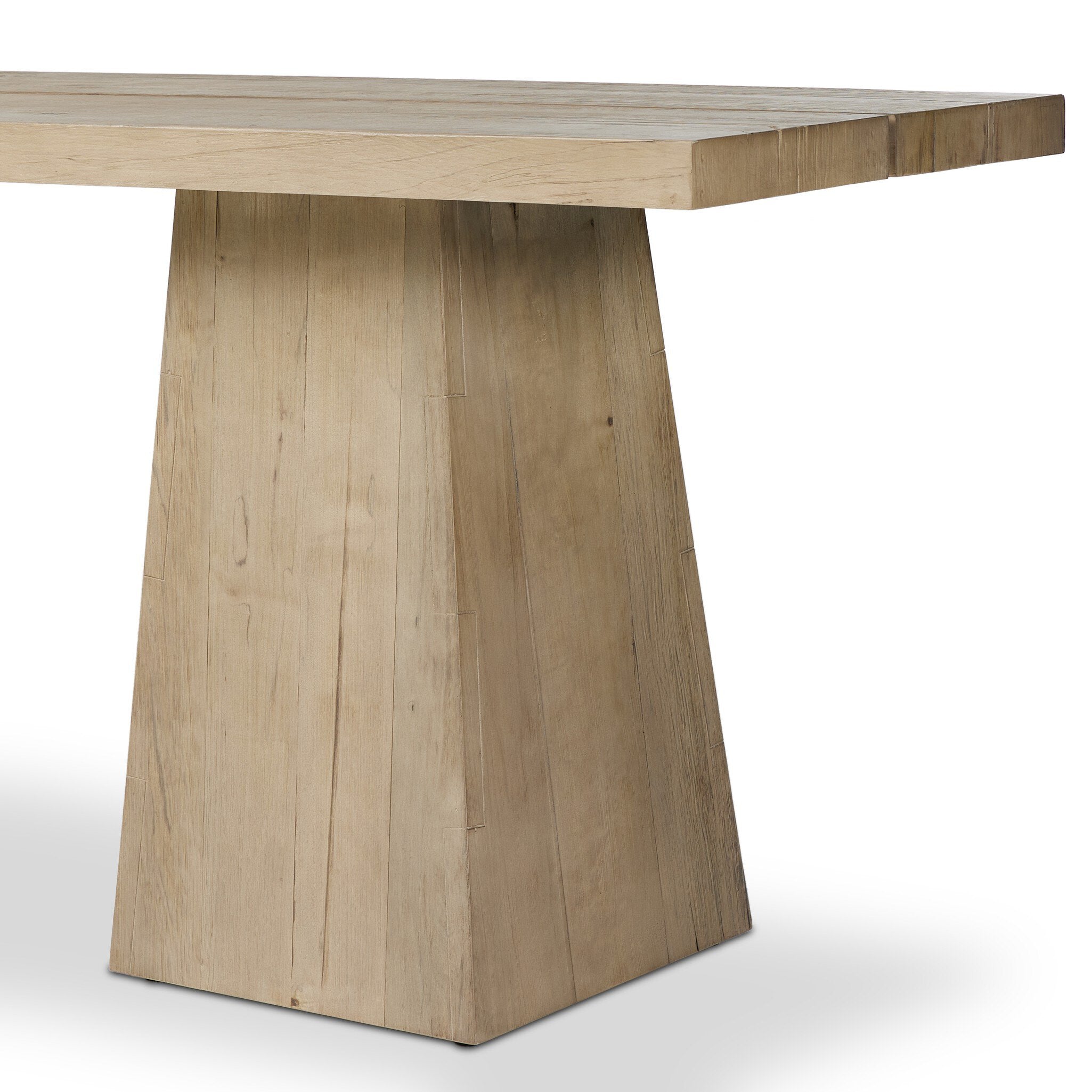 Close up of a wooden console table with a minimalist design on a white background.