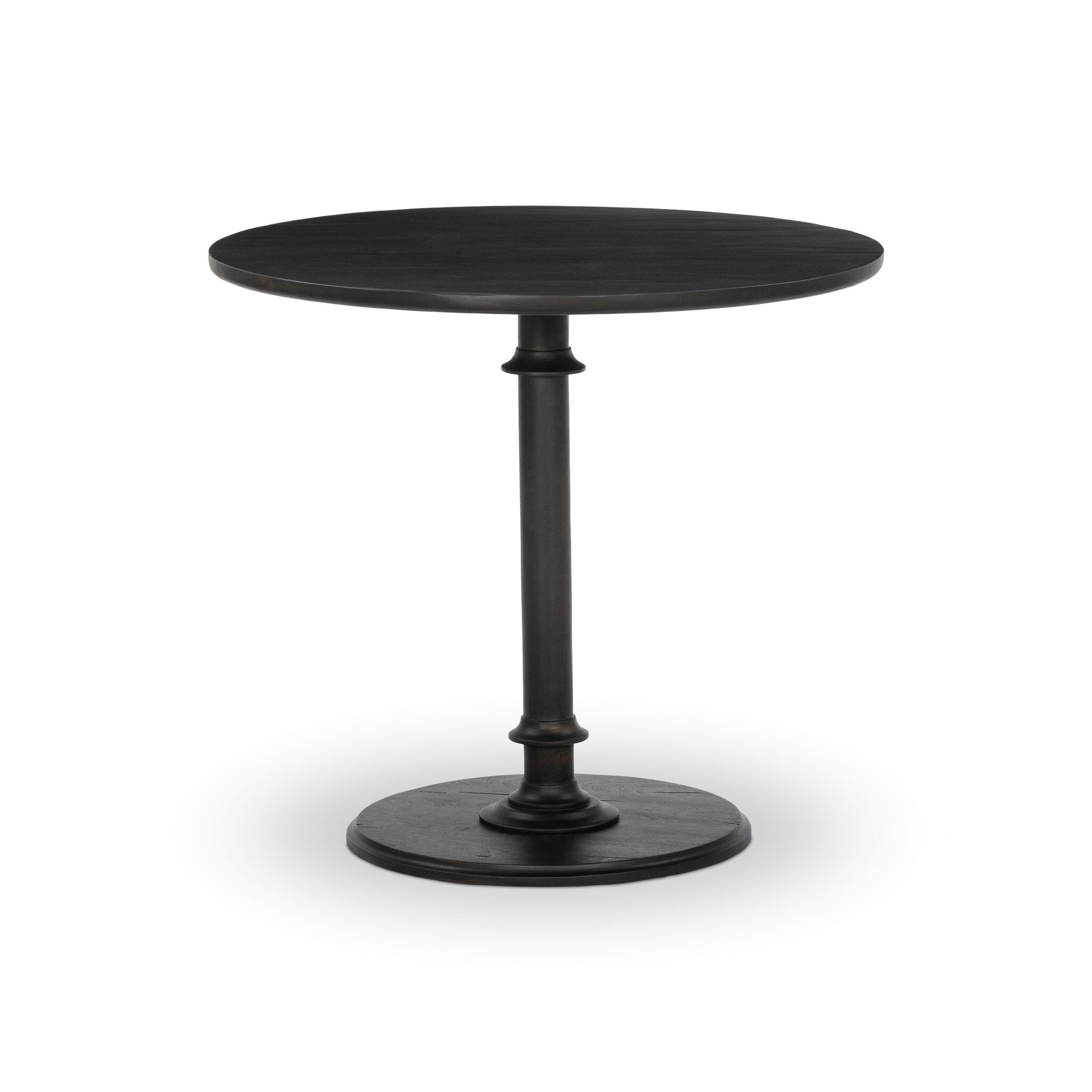 Black round end table with turn detailing on its pedestal base on a white background. | S.W. Home