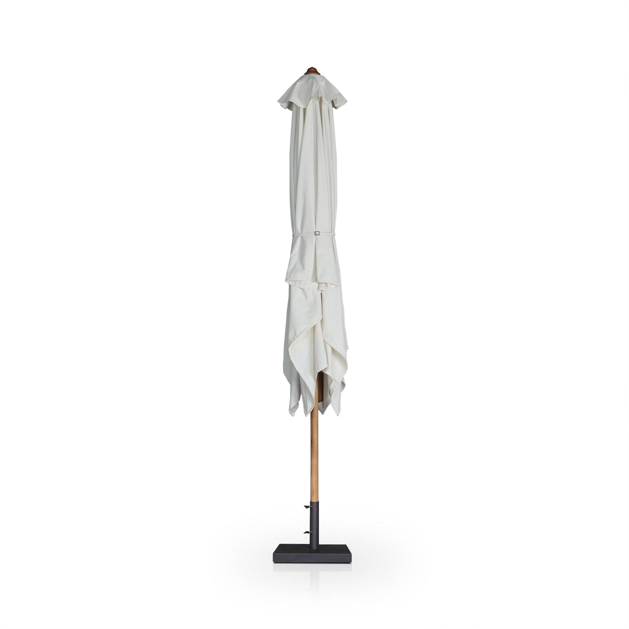 White patio umbrella with wooden frame and black base on a white background.