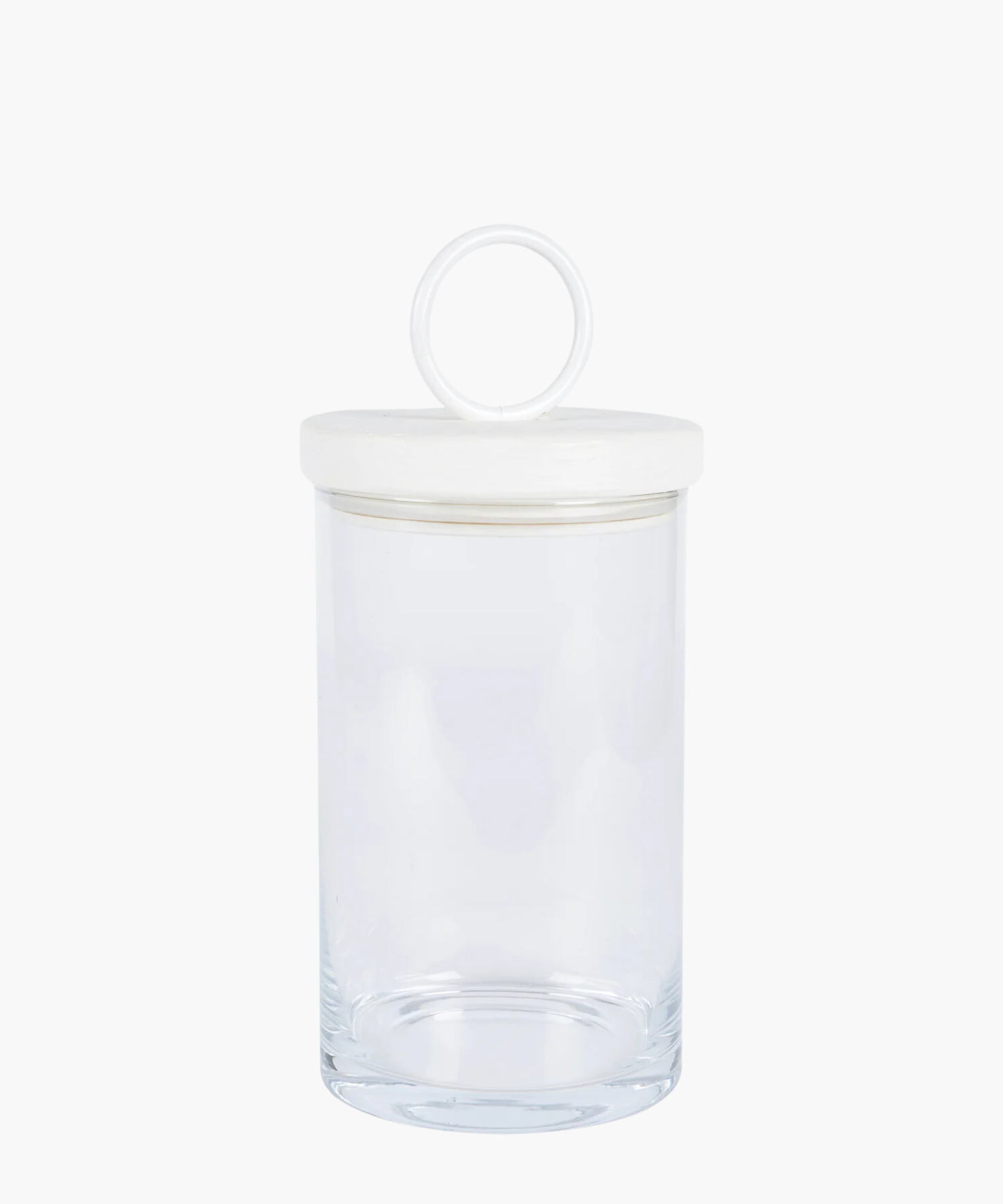 Clear glass jar with a round, white iron and reclaimed wood lid featuring a loop handle. The jar is empty, showcasing its clean and minimalist design. | S.W. Home