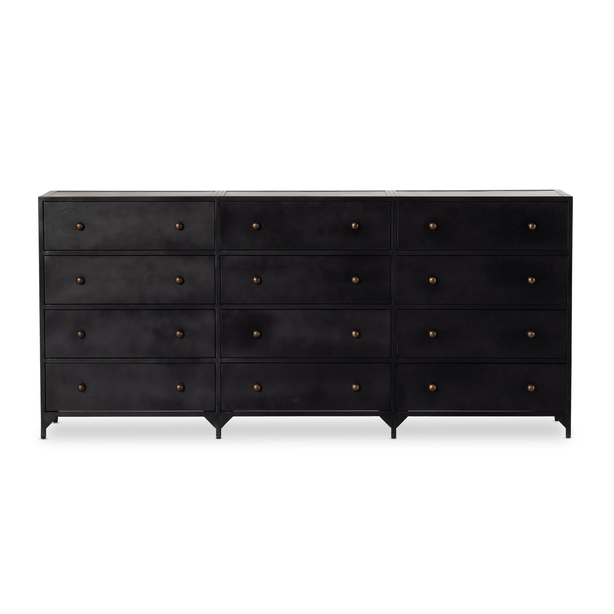 Black dresser with twelve drawers and bronze knobs on a white background. | S.W. Home