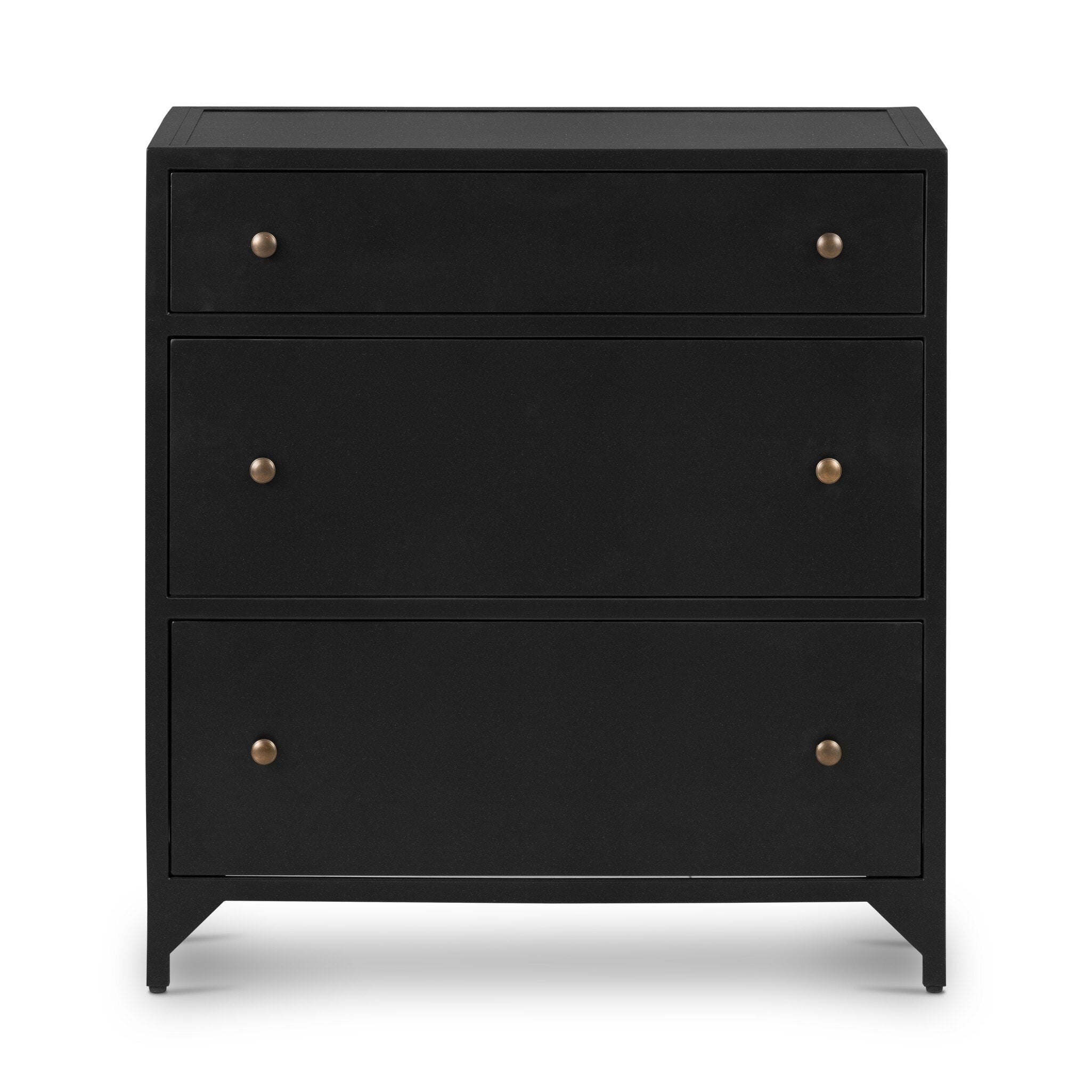 Black nightstand with three drawers and metallic knobs on a white background. | S.W. Home