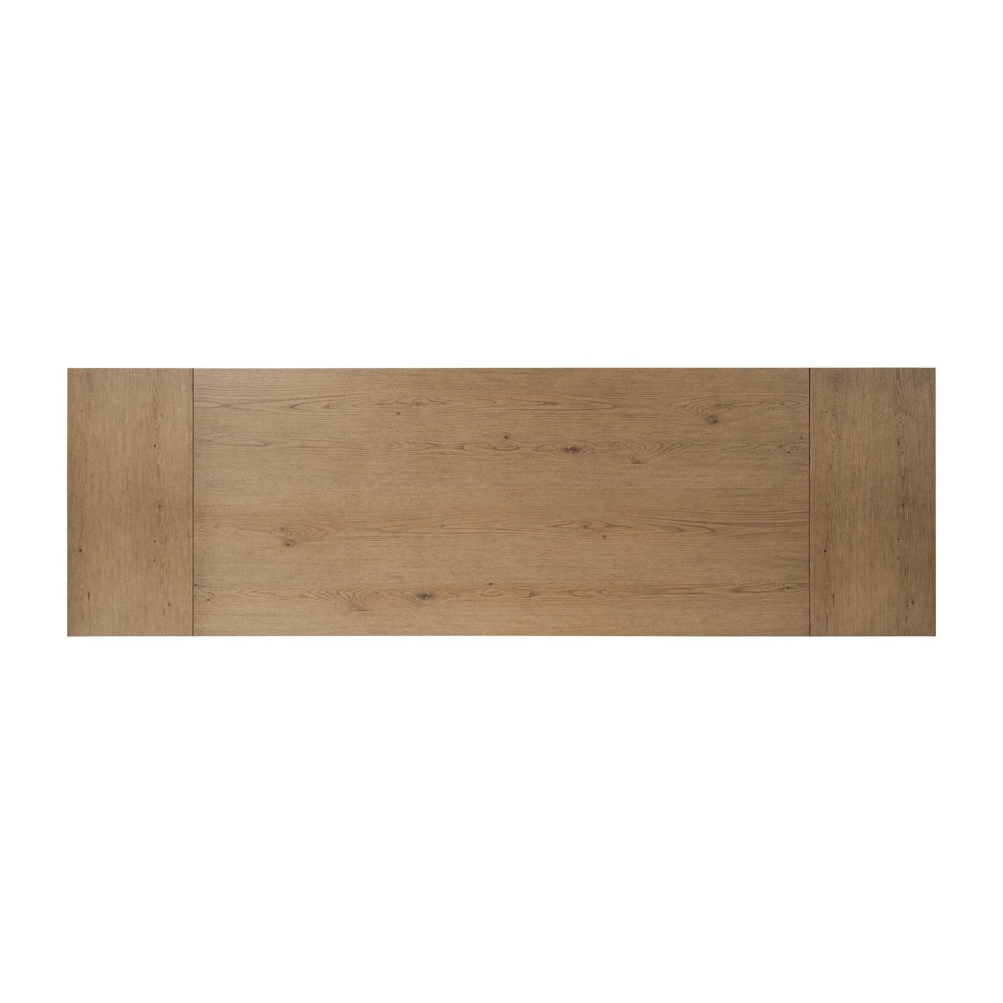 Overhead view of a rectangular wood dining table on a white background.