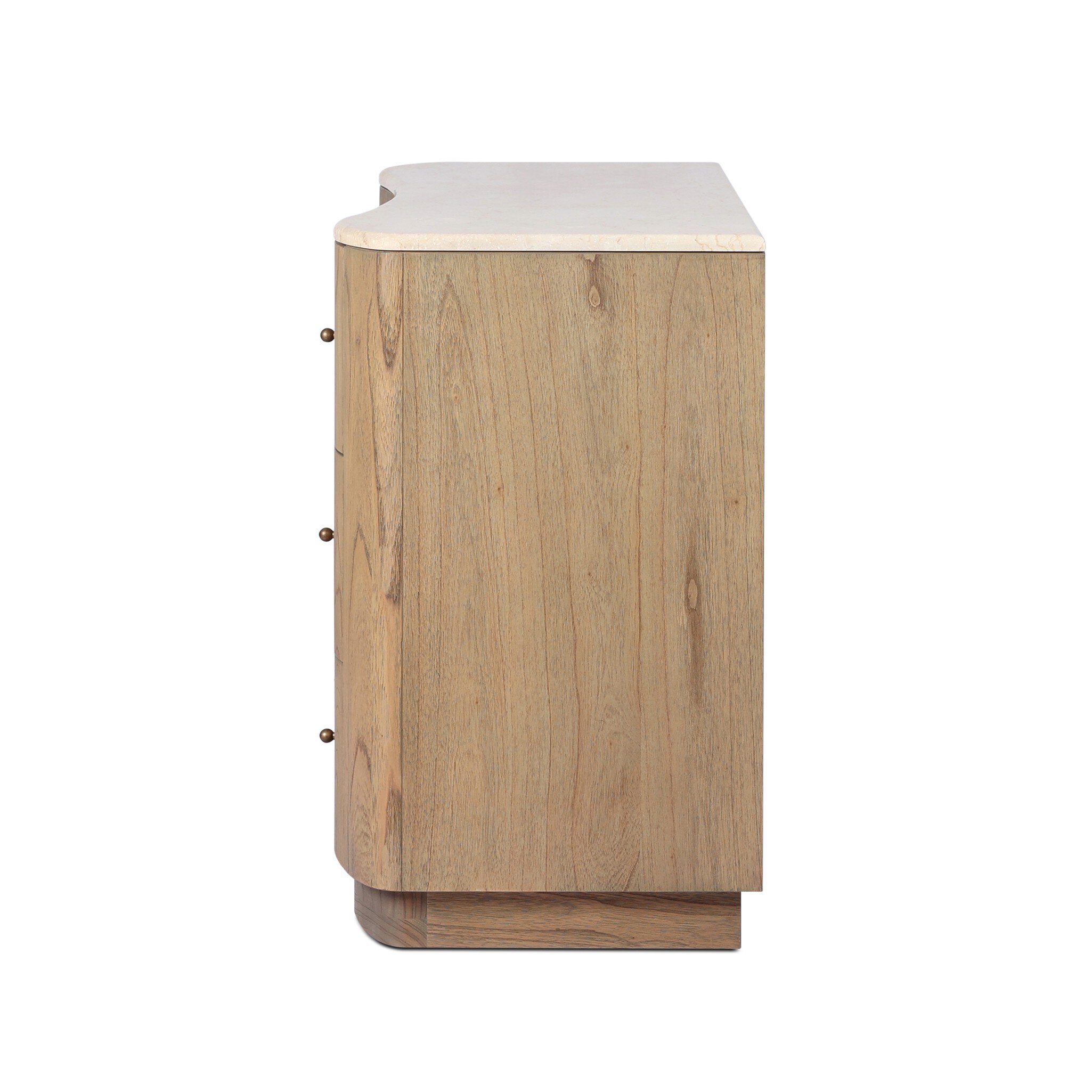 Side profile of a wooden dresser with six drawers and topped with cream-white marble on a white background.