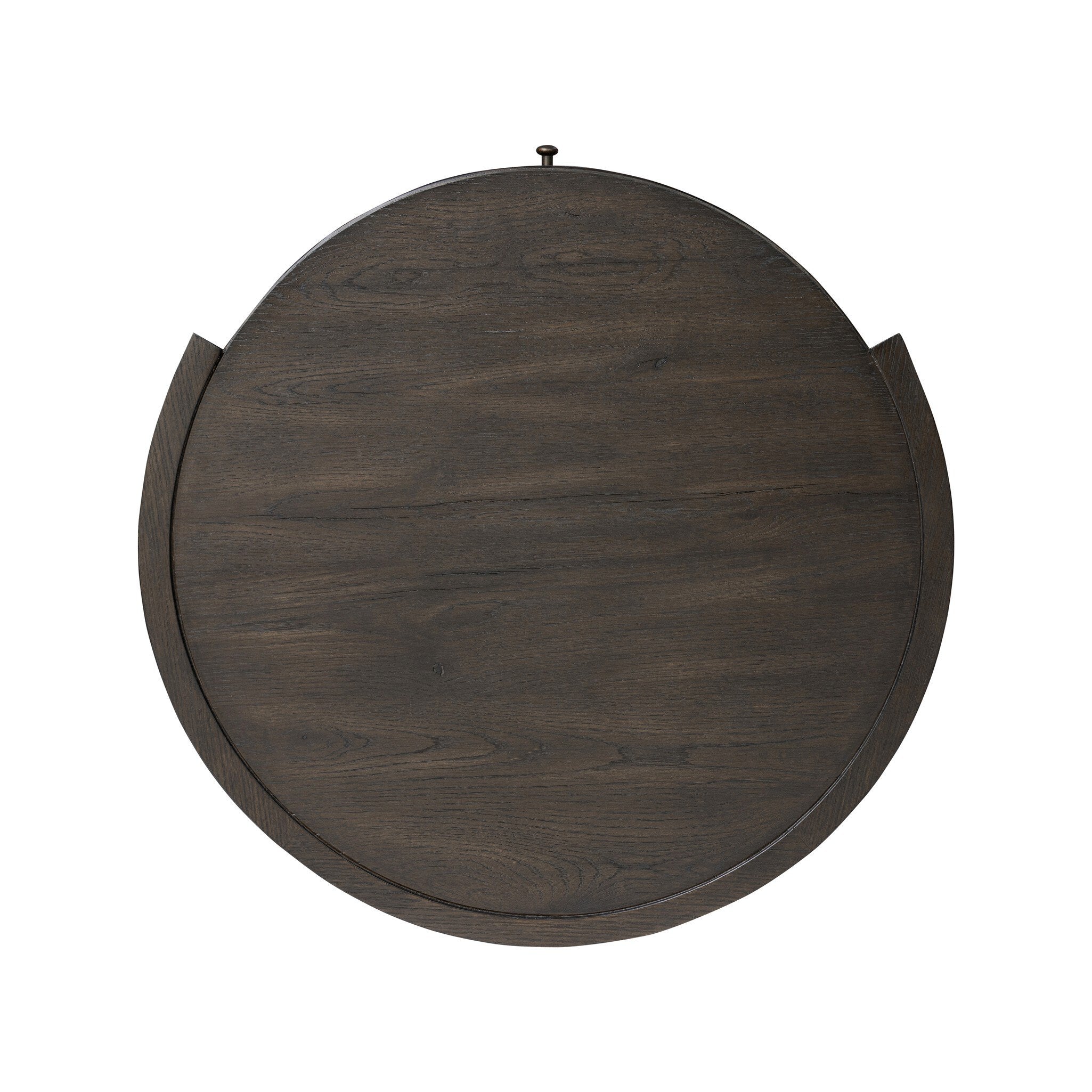 Overhead view a round dark wooden nightstand with a drawer and a cubby on a white background.