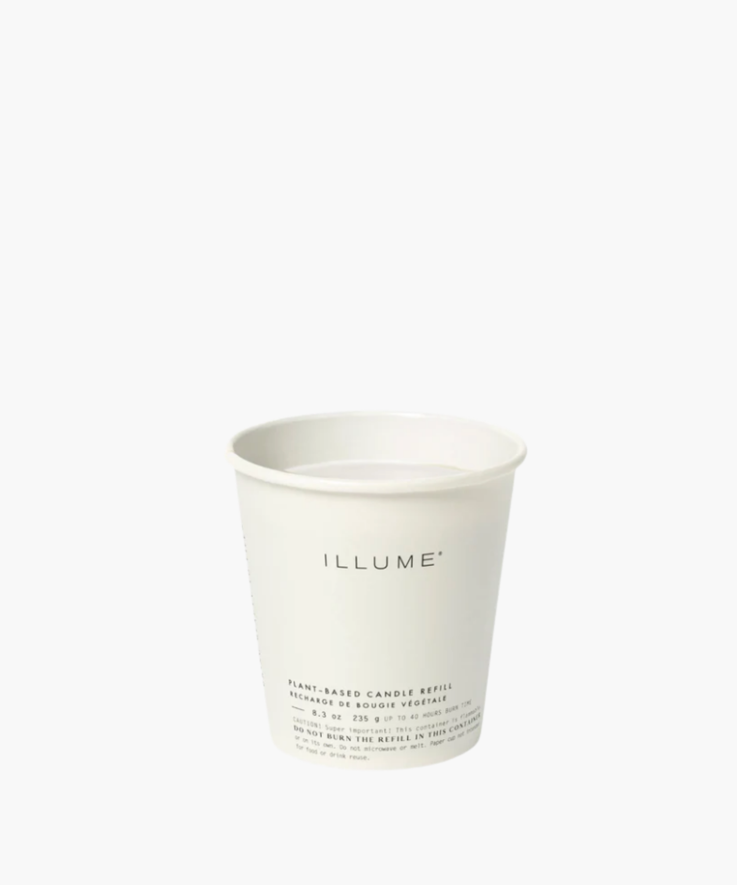 White paper cup with "ILLUME" printed in minimalist font. Labeled as a plant-based candle refill, conveying simplicity and eco-friendliness. Text details usage precautions. | SW Home