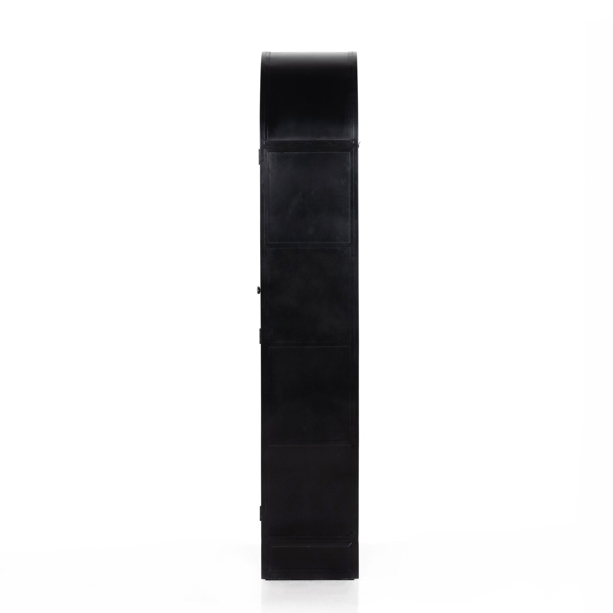 Side profile of a black-finished iron arched cabinet with glass front doors.