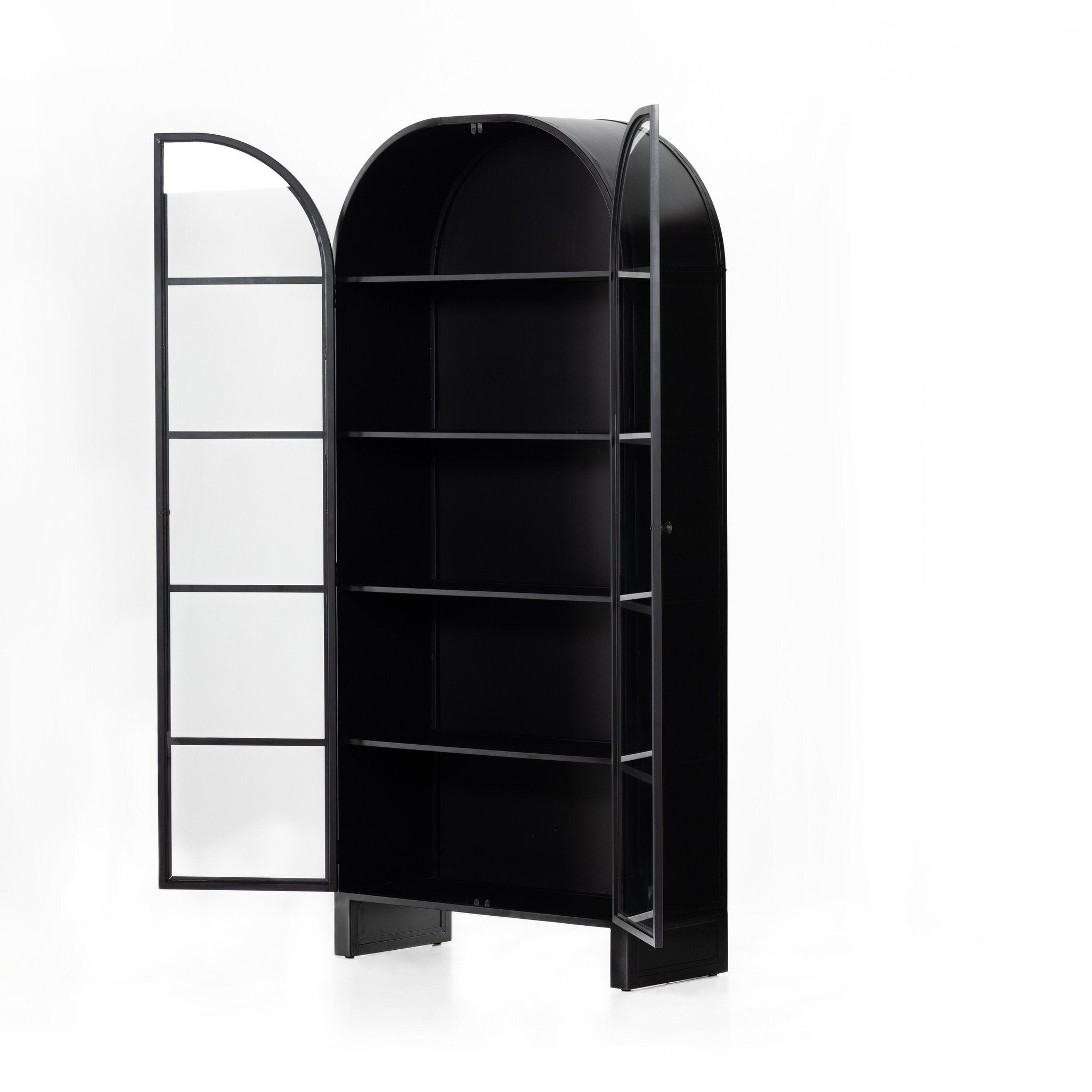 Black-finished iron arched cabinet with glass front doors.