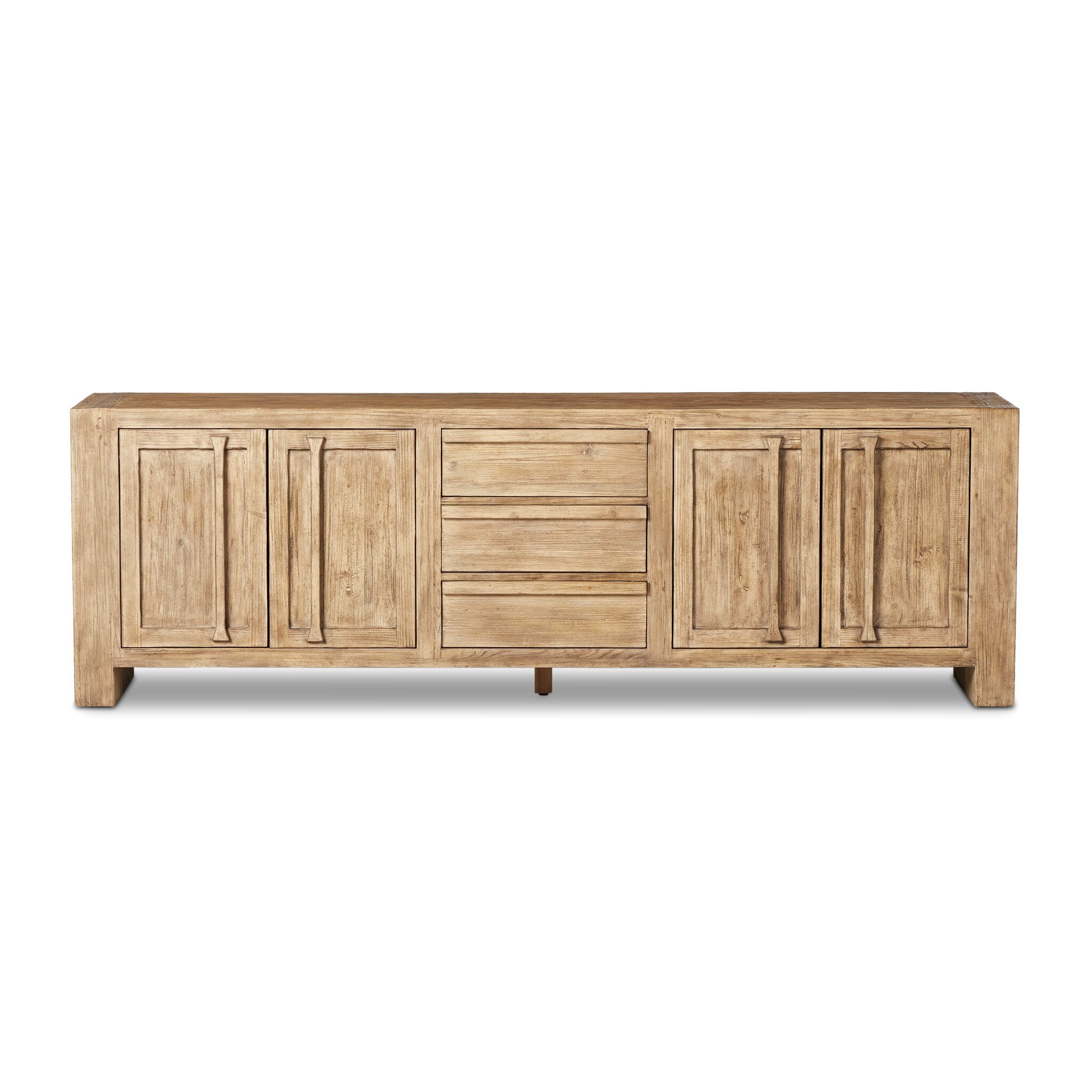 Wooden sideboard with four doors and three drawers in the center on a white background. | S.W. Home