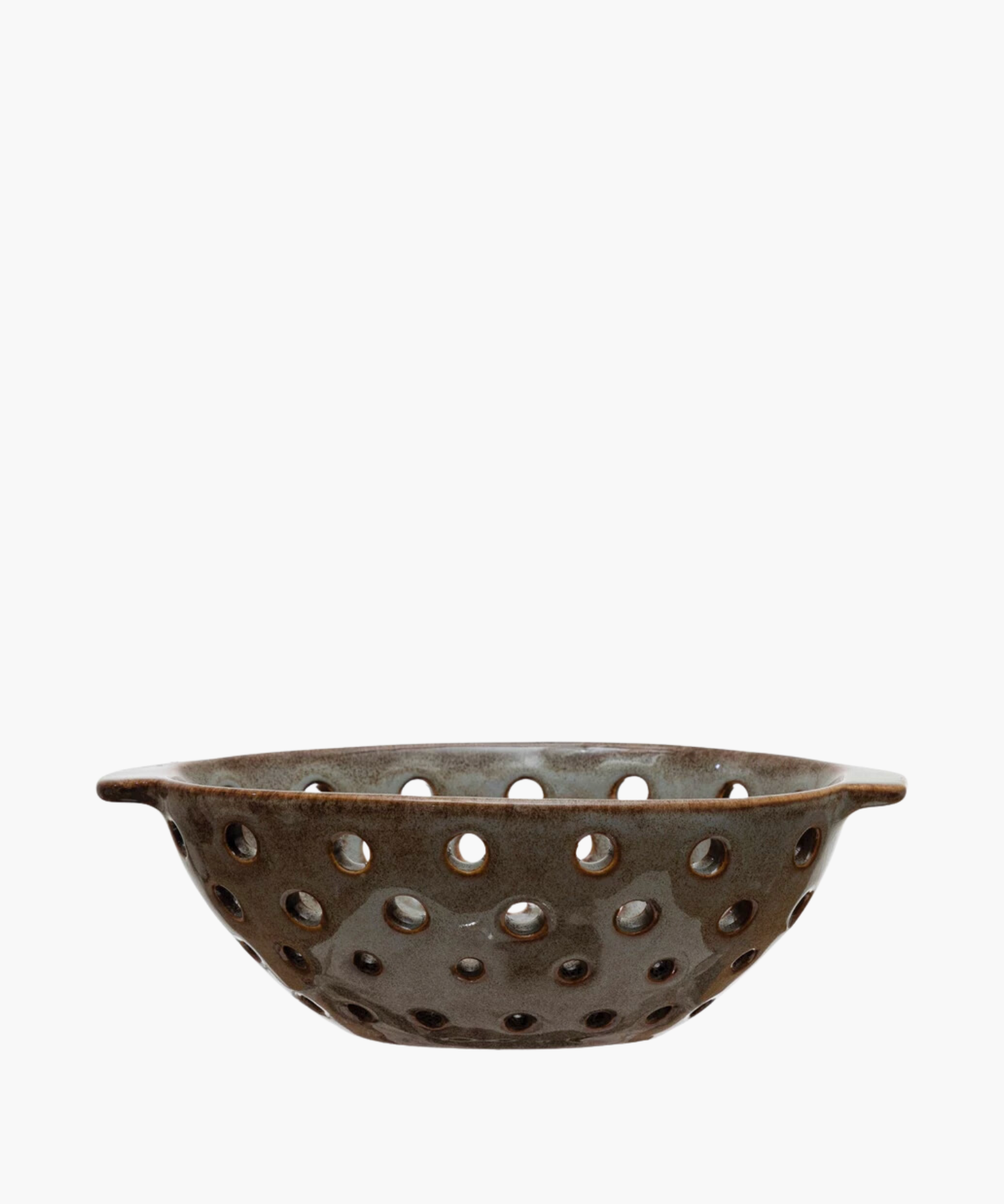 Ceramic colander or berry bowl with a rustic design, featuring a speckled brown glaze and evenly spaced holes. It conveys a handcrafted, earthy aesthetic. | S.W. Home