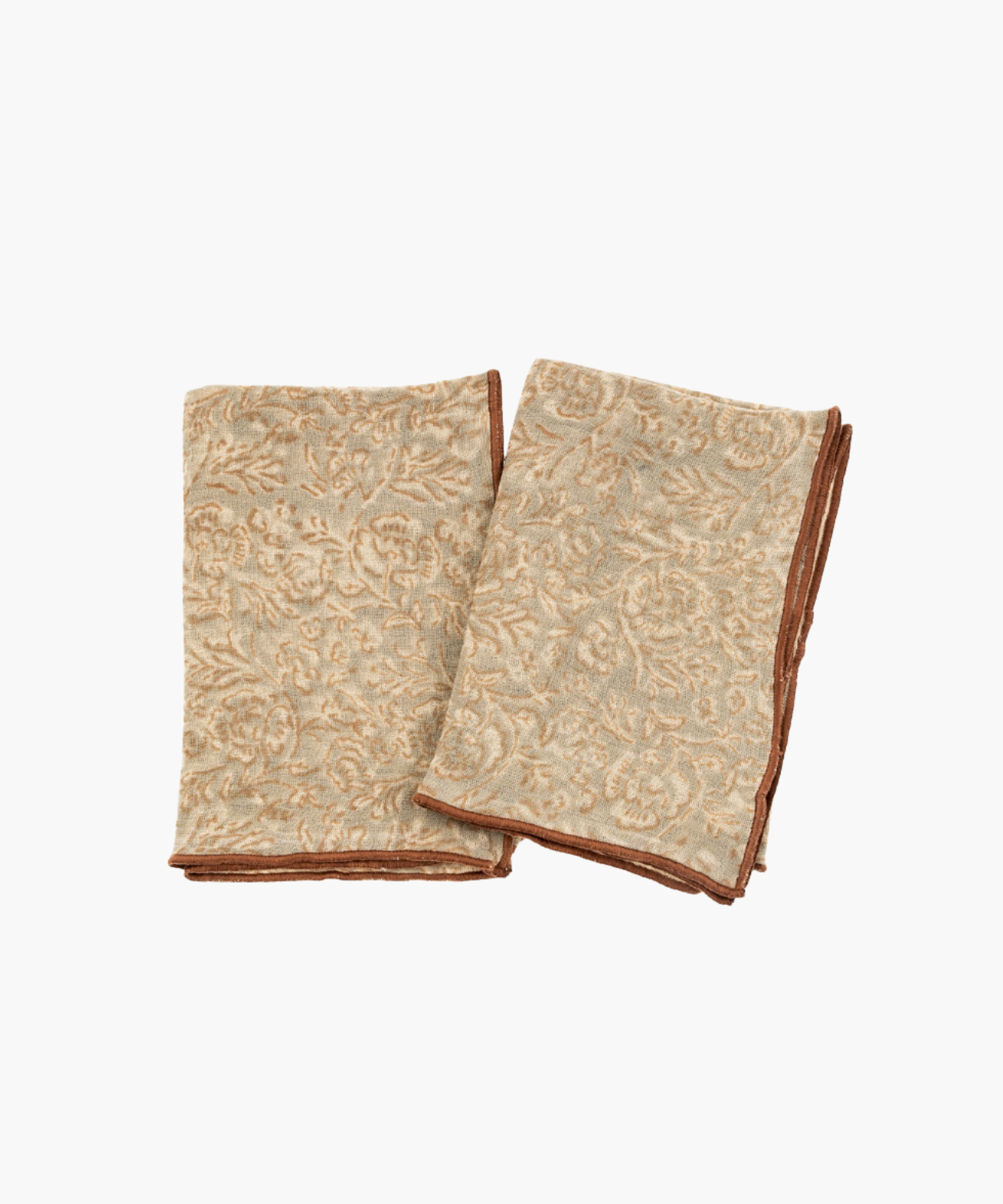 Two folded beige tea towels with a brown floral pattern, trimmed with brown edging. The texture and earthy colors evoke a cozy, elegant feel. | S.W. Home