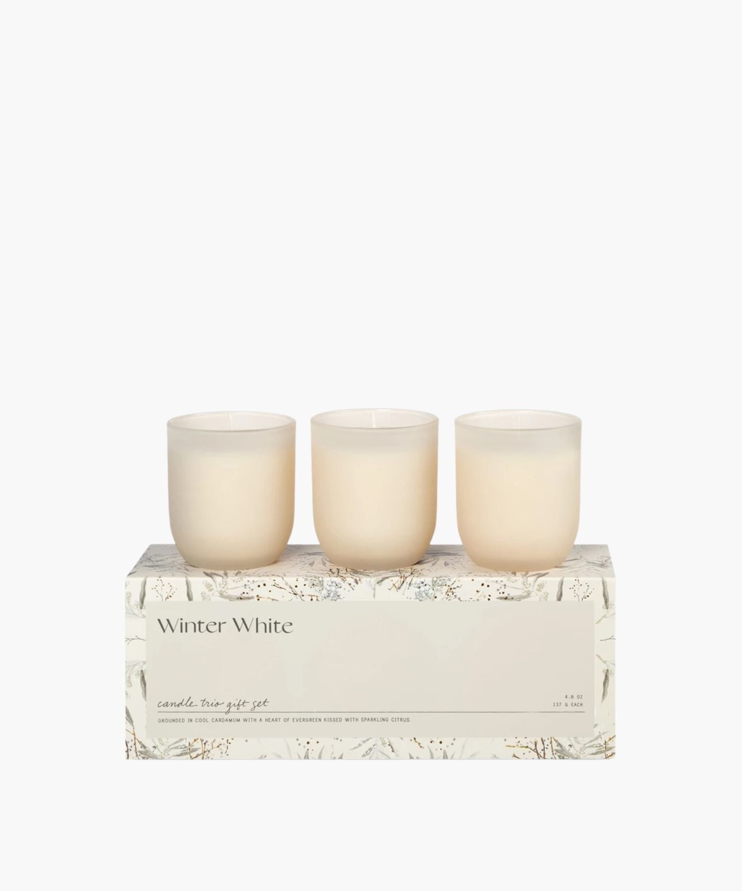 Three candles in a 'Winter White' gift set on a white background. | SW Home