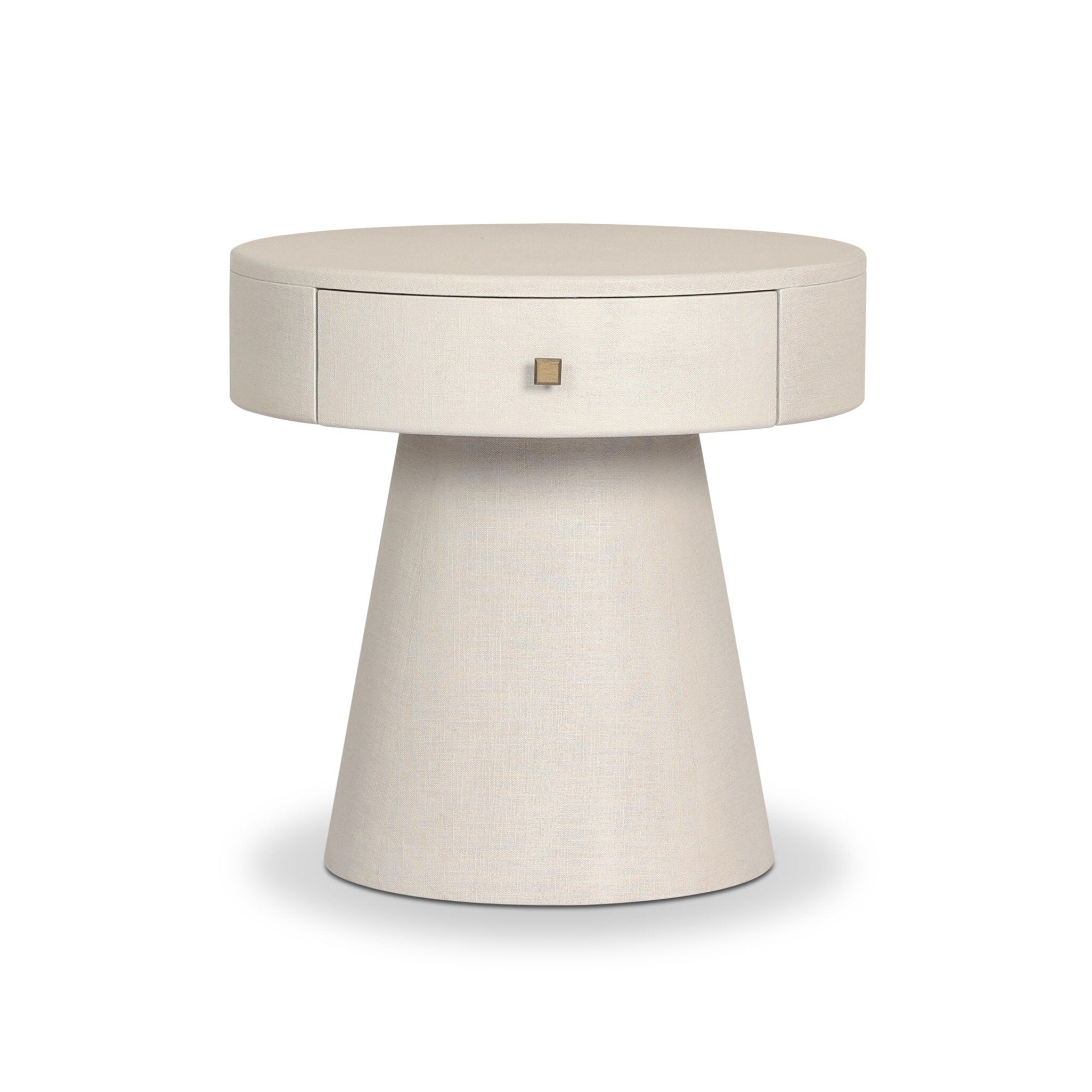 A rounded nightstand with a single drawer and tapered pedestal base on a white background. | S.W. Home