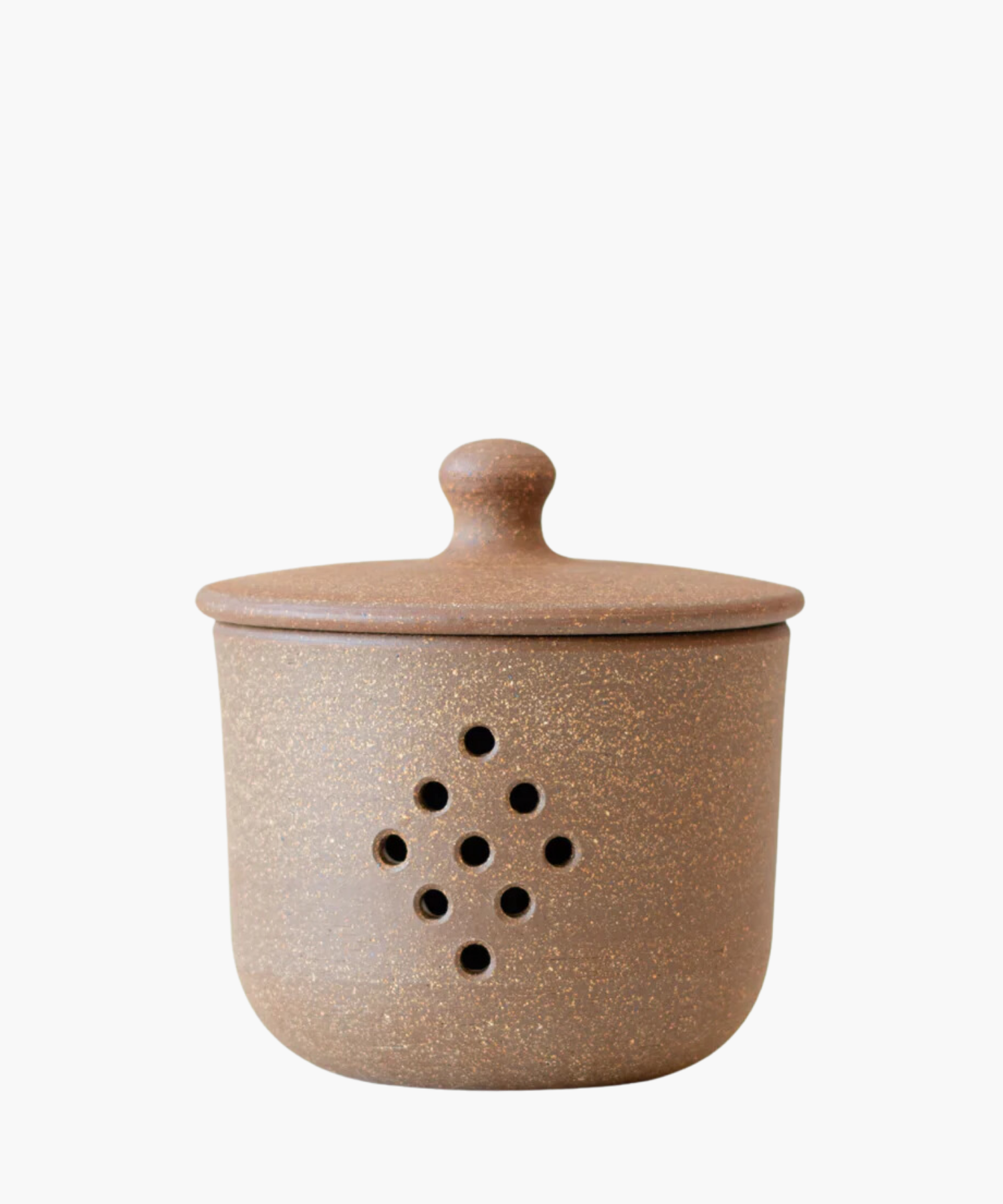 A round, speckled brown pottery garlic keeper with a fitted lid, featuring nine ventilation holes in a diamond pattern. The tone is rustic and earthy. | S.W. Home
