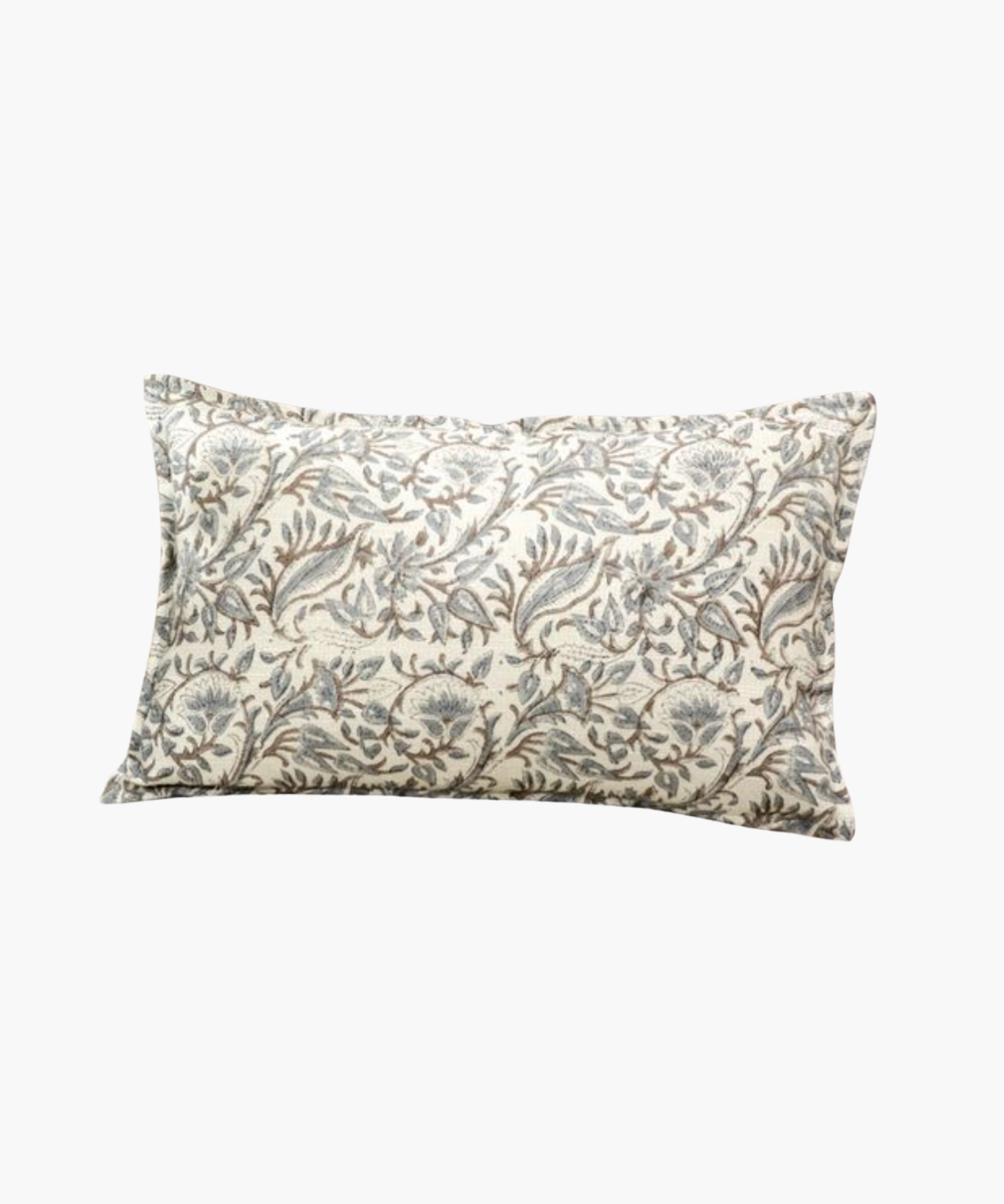 A lumbar pillow with a detailed floral pattern in muted blue and brown tones on a cream background, conveying an elegant and cozy feel. | SW Home