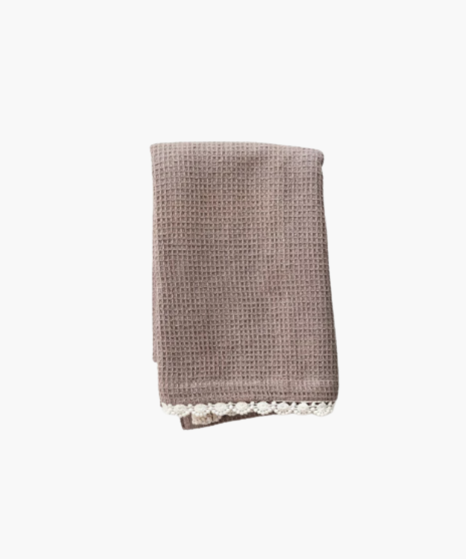 A neatly folded mauve waffle-patterned towel with delicate white crochet trim along the bottom edge. The texture is soft, giving a cozy and elegant feel. | S.W. Home