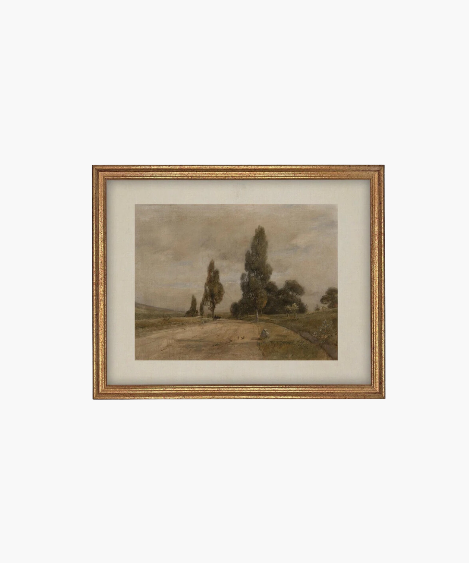 Framed landscape painting depicting a serene countryside with a dirt path, tall trees, and a cloudy sky with a marx gold frame. The muted tones evoke a calm, peaceful mood. | S.W. Home
