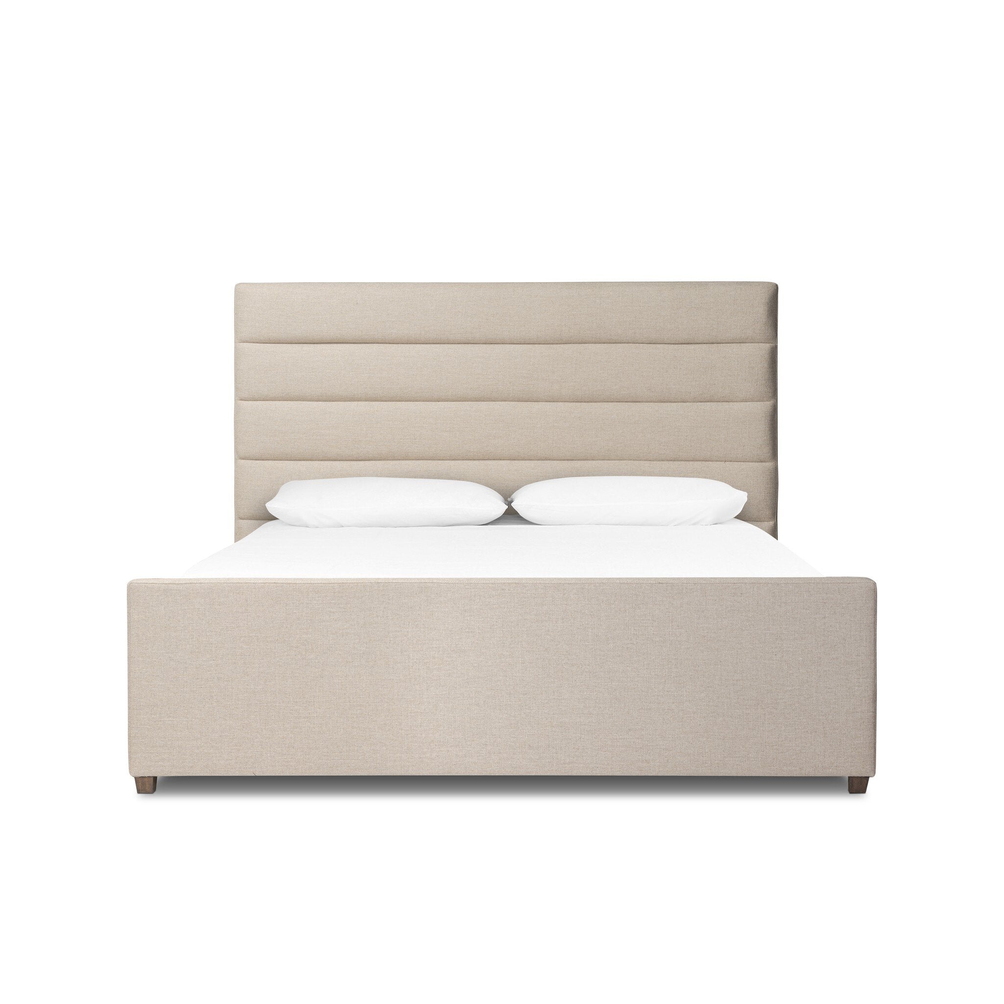 Taupe upholstered bed with horizontal channeling on the headboard and white bedding on a white background. | SW Home