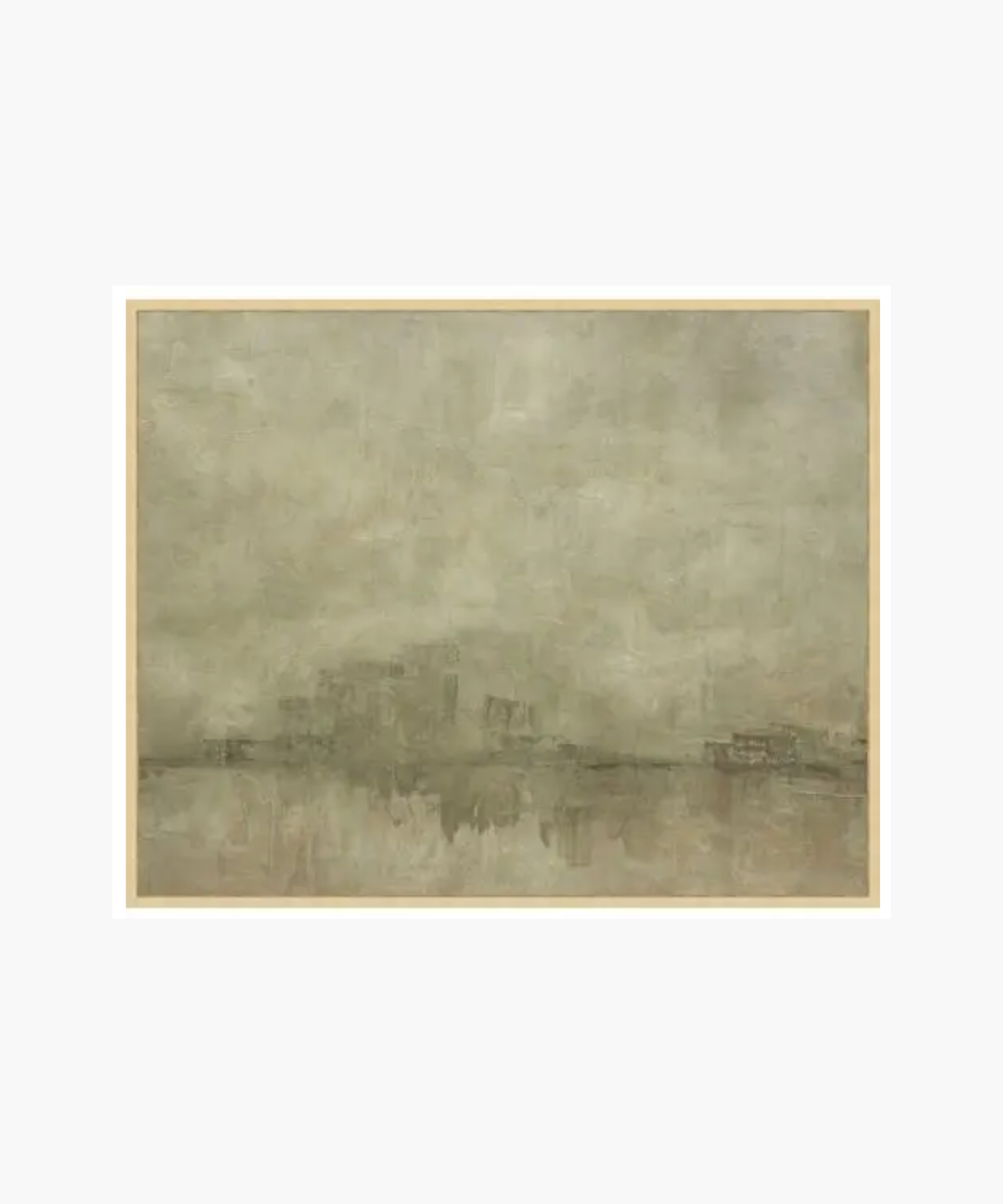 A misty cityscape with indistinct buildings and a boat reflected in calm water. The muted gray tones create a serene, foggy atmosphere. | S.W. Home