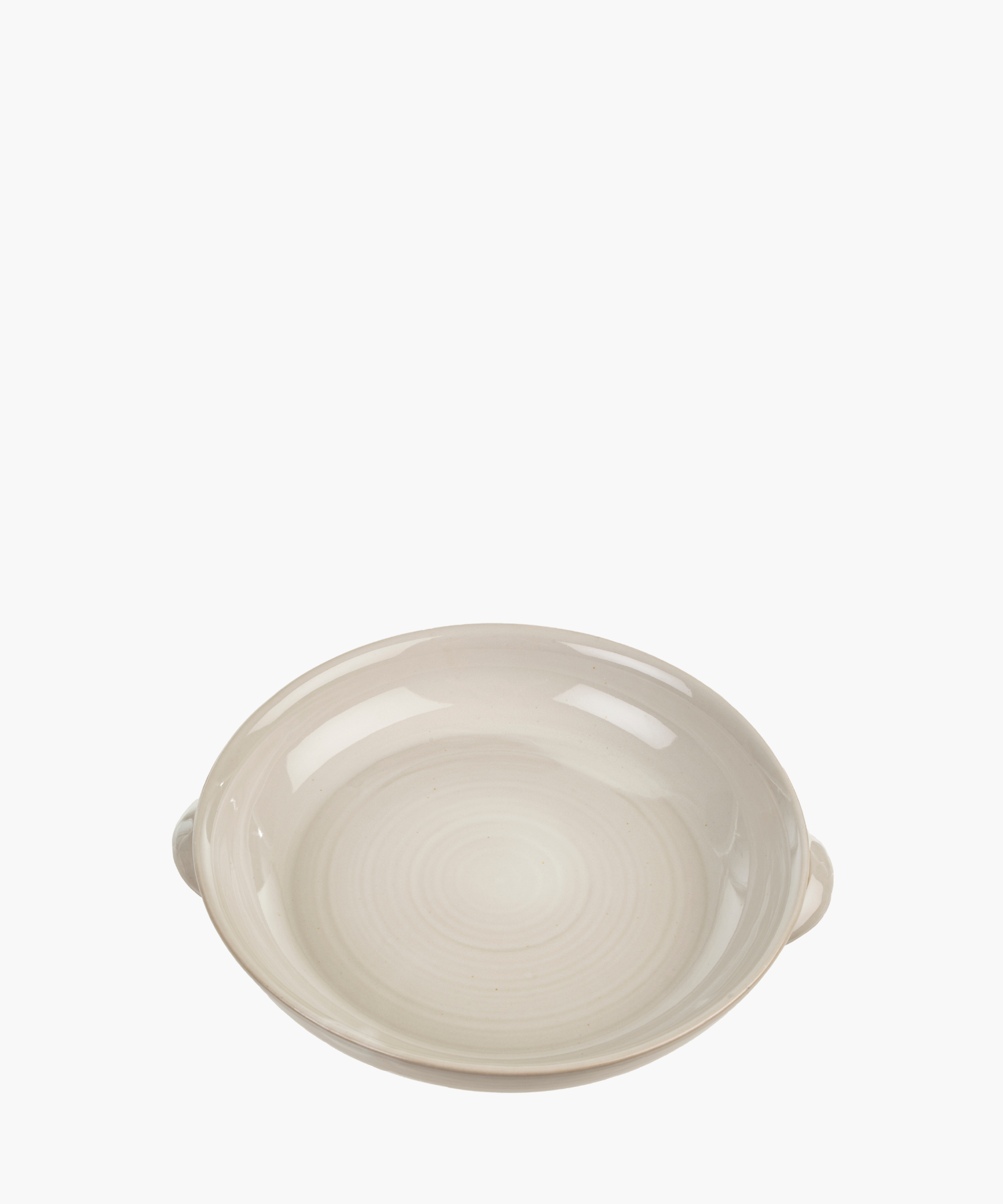 A smooth, beige ceramic bowl with subtle concentric circles and two small handles, conveying simplicity and elegance. The tone is minimalistic. | S.W. Home