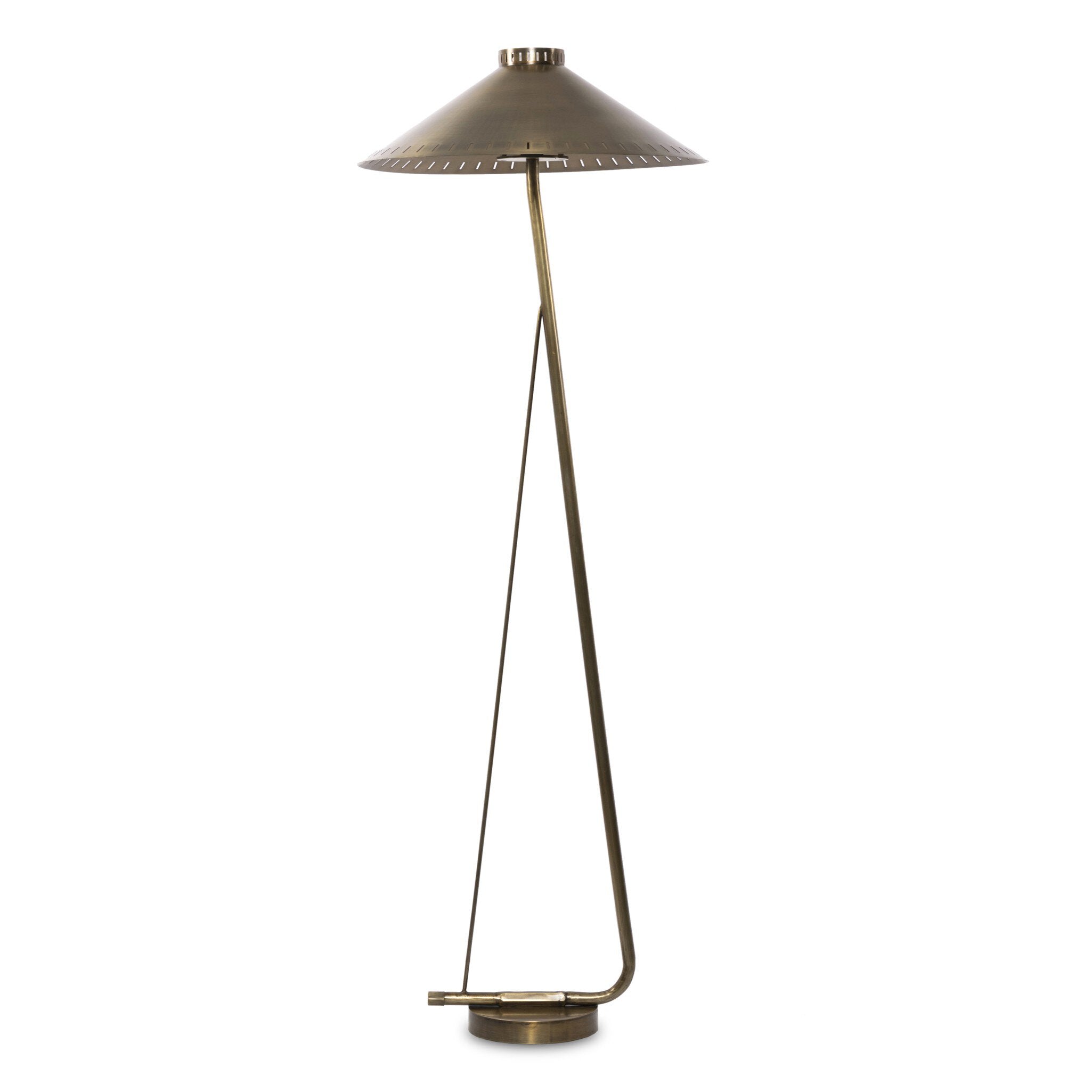Tall floor lamp with a antique brass shade on a white background. | S.W. Home