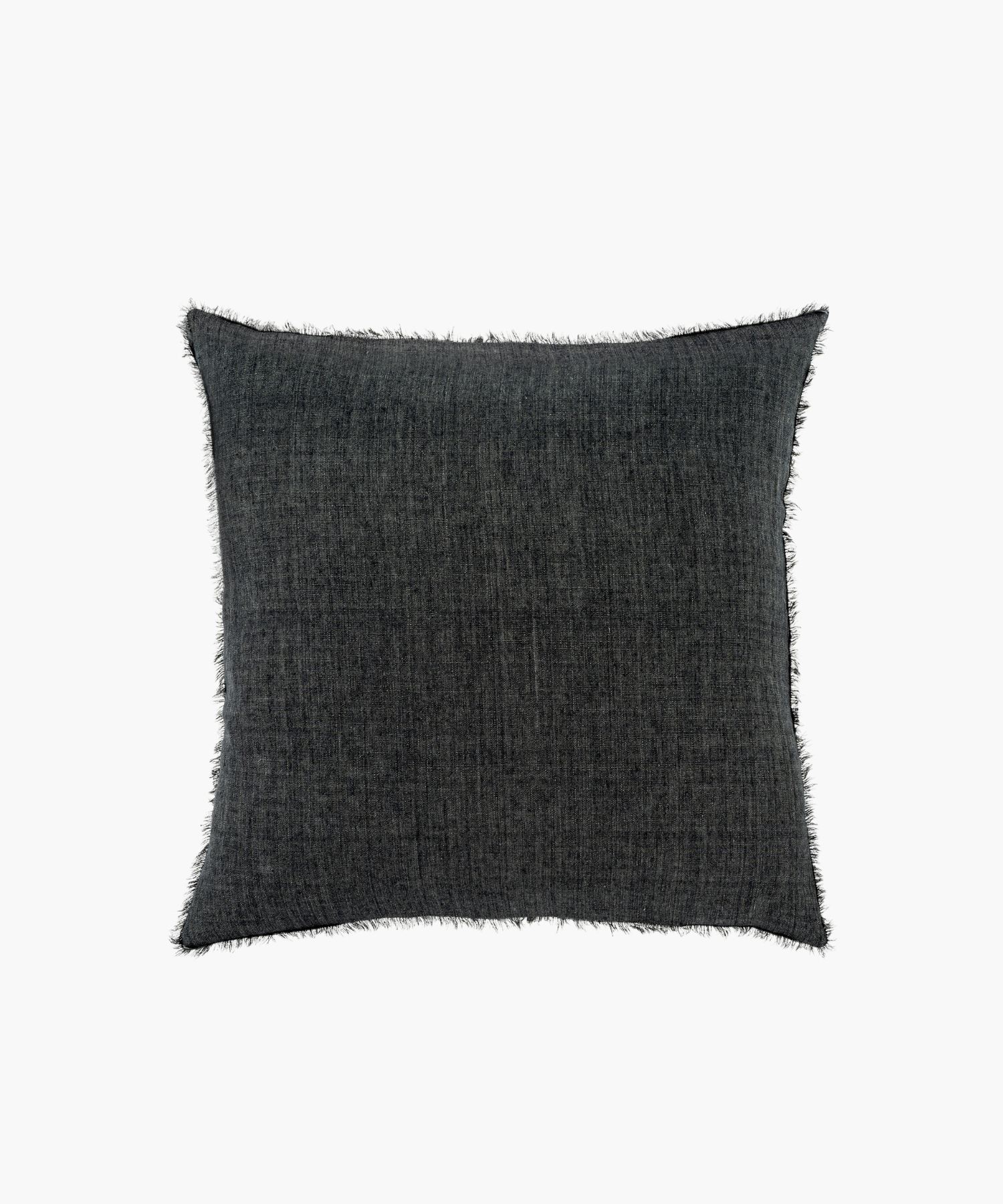 A charcoal gray square pillow with a soft texture and frayed edges. The pillow has a subtle woven pattern, creating a cozy and modern aesthetic. | S.W. Home