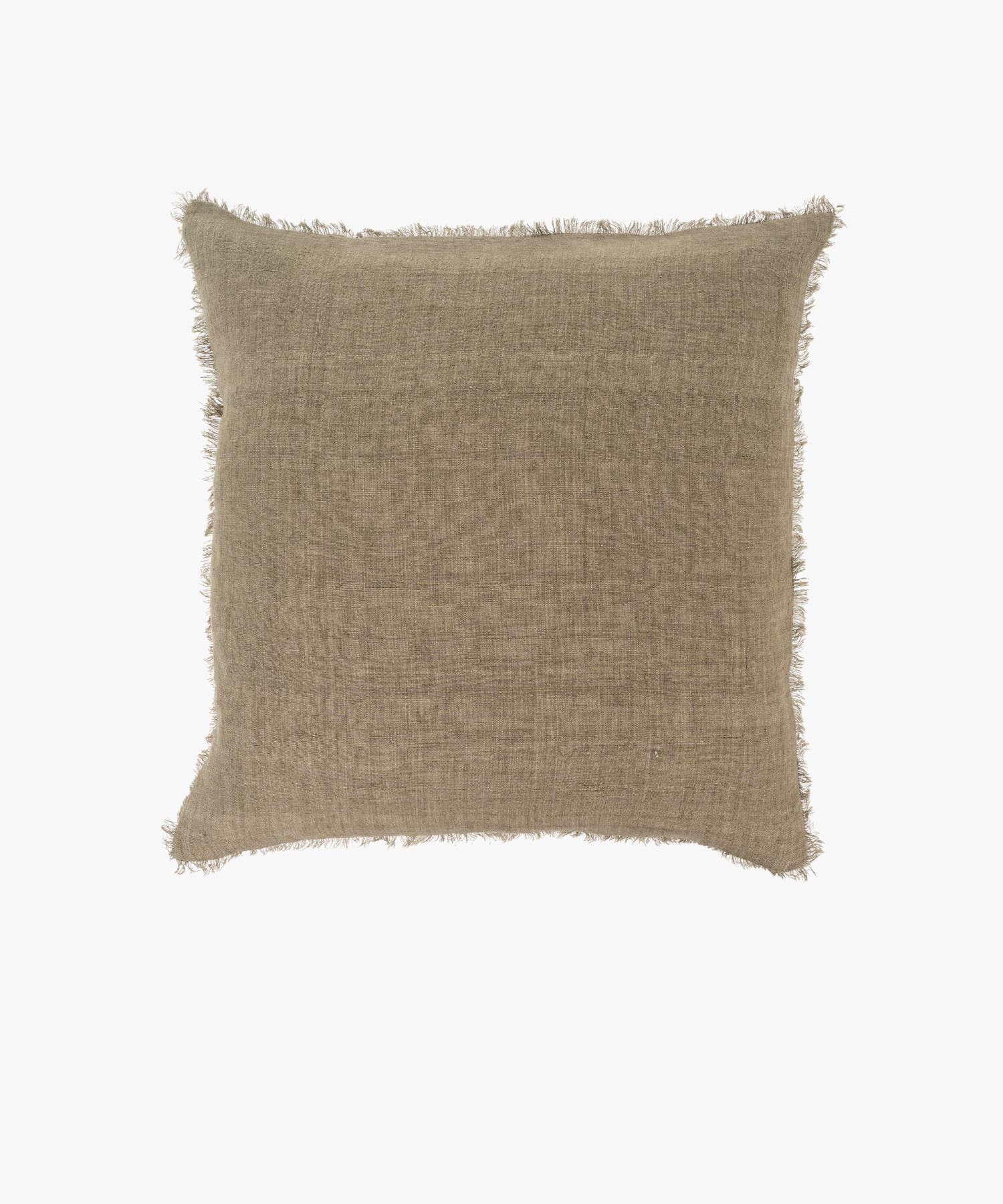 A square, beige pillow with a textured fabric and frayed edges, conveying a rustic, cozy feel. Set against a plain white background. | S.W. Home