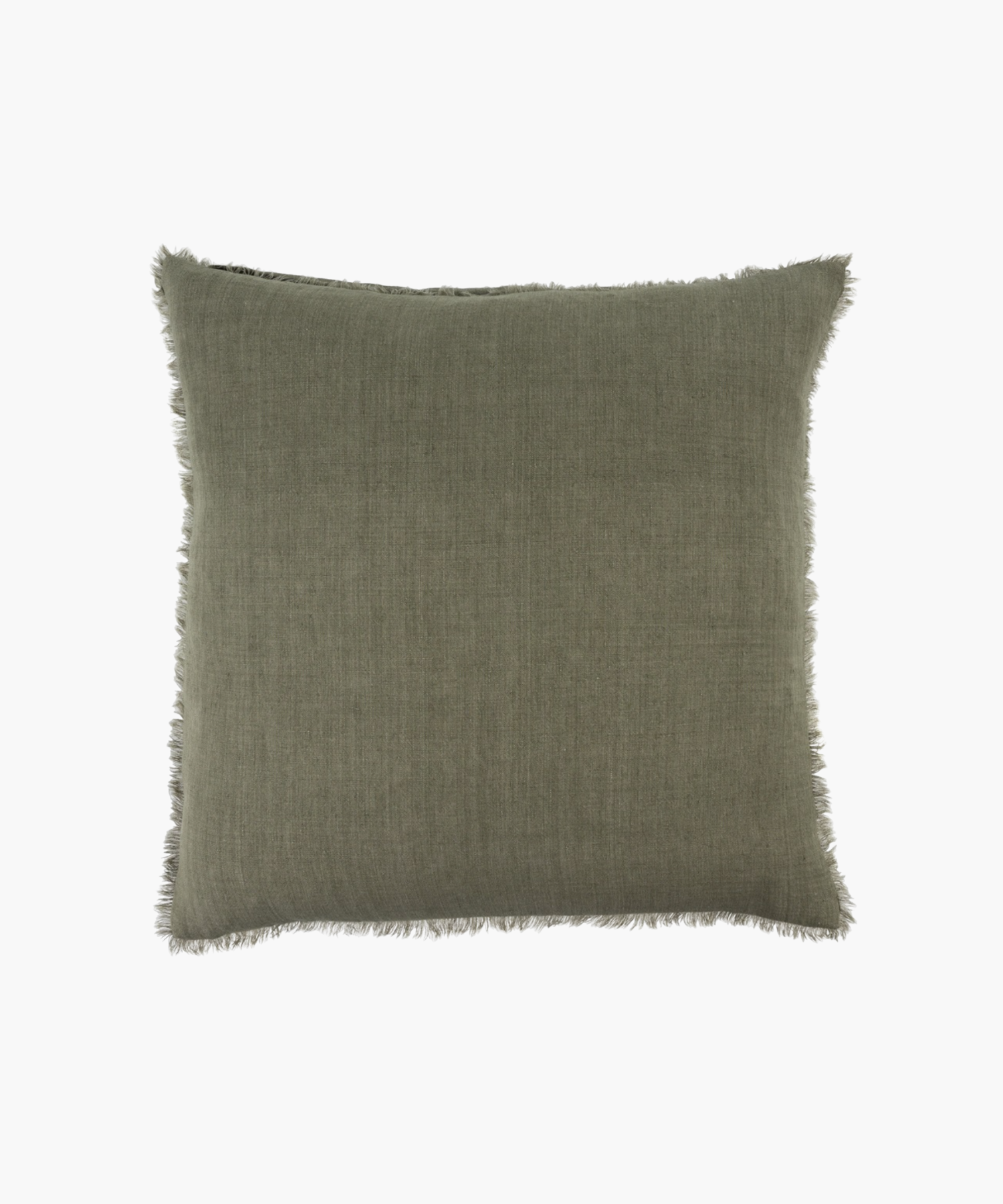 A rectangular, olive green throw pillow with a textured fabric and delicate fringe along the edges, conveying a cozy, rustic feel. | Wildwood Home Co.