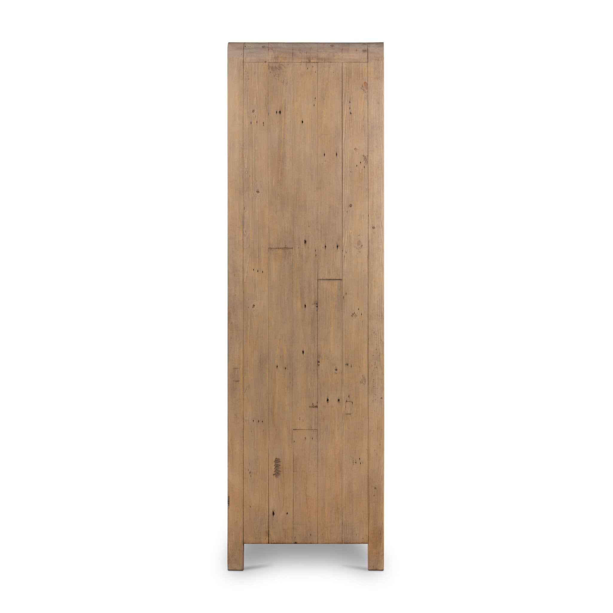 Side profile of a wooden cabinet with two doors and rounded corners on a white background.