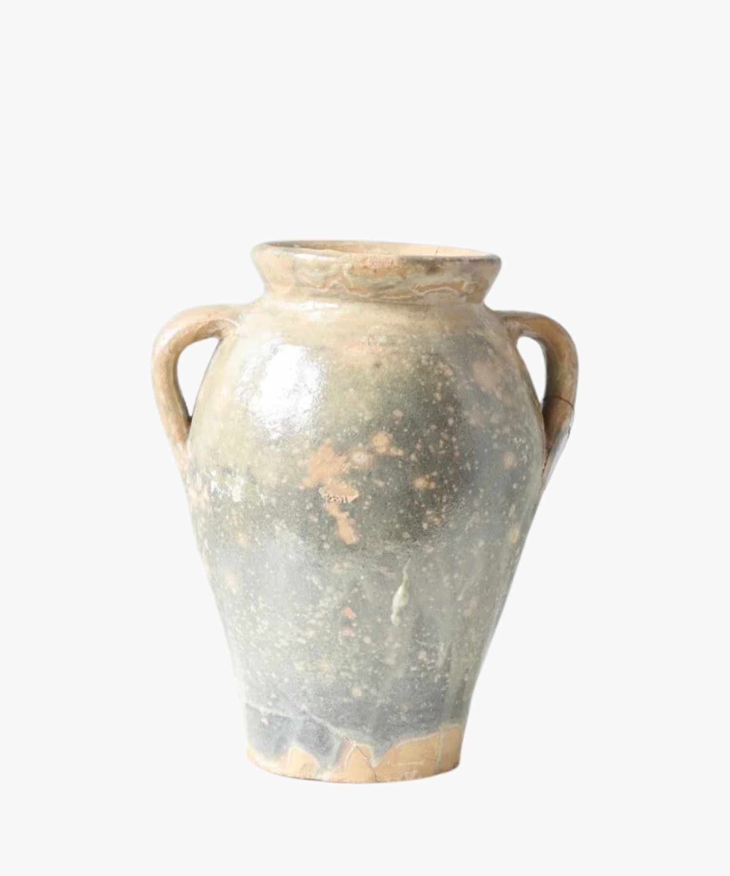A weathered, ancient clay vase with a speckled blue tone surface and two curved handles, conveying a rustic, historical charm. | S.W. Home