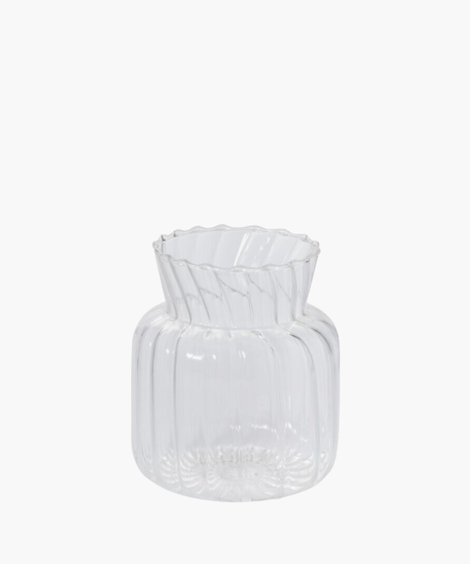 A transparent, fluted glass vase with a scalloped rim, short neck, and bulbous base. The design is elegant, minimalistic, and contemporary. | S.W. Home