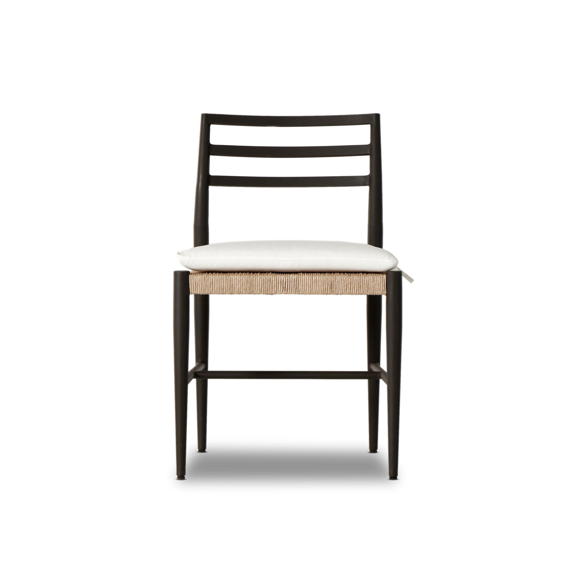 Classic ladderback outdoor dining chair with a woven seat and removable cushion. | S.W. Home