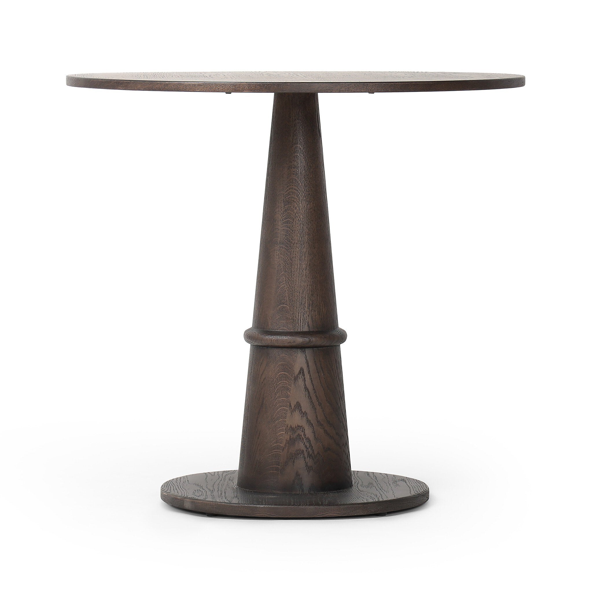 Round wooden bistro table with a dark brown base on a white background. | S.W. Home