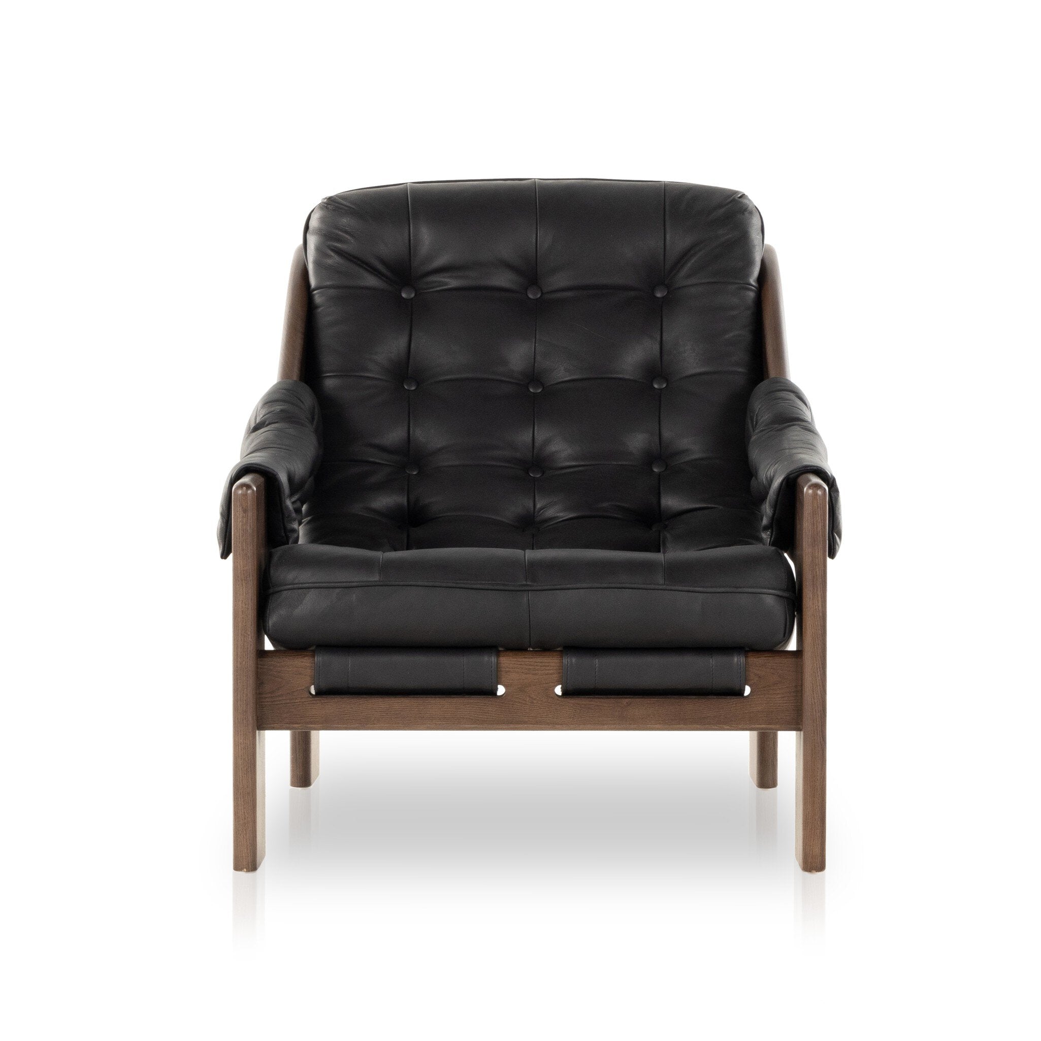 Tufted black leather sling style armchair with wooden frame on a white background. | S.W. Home