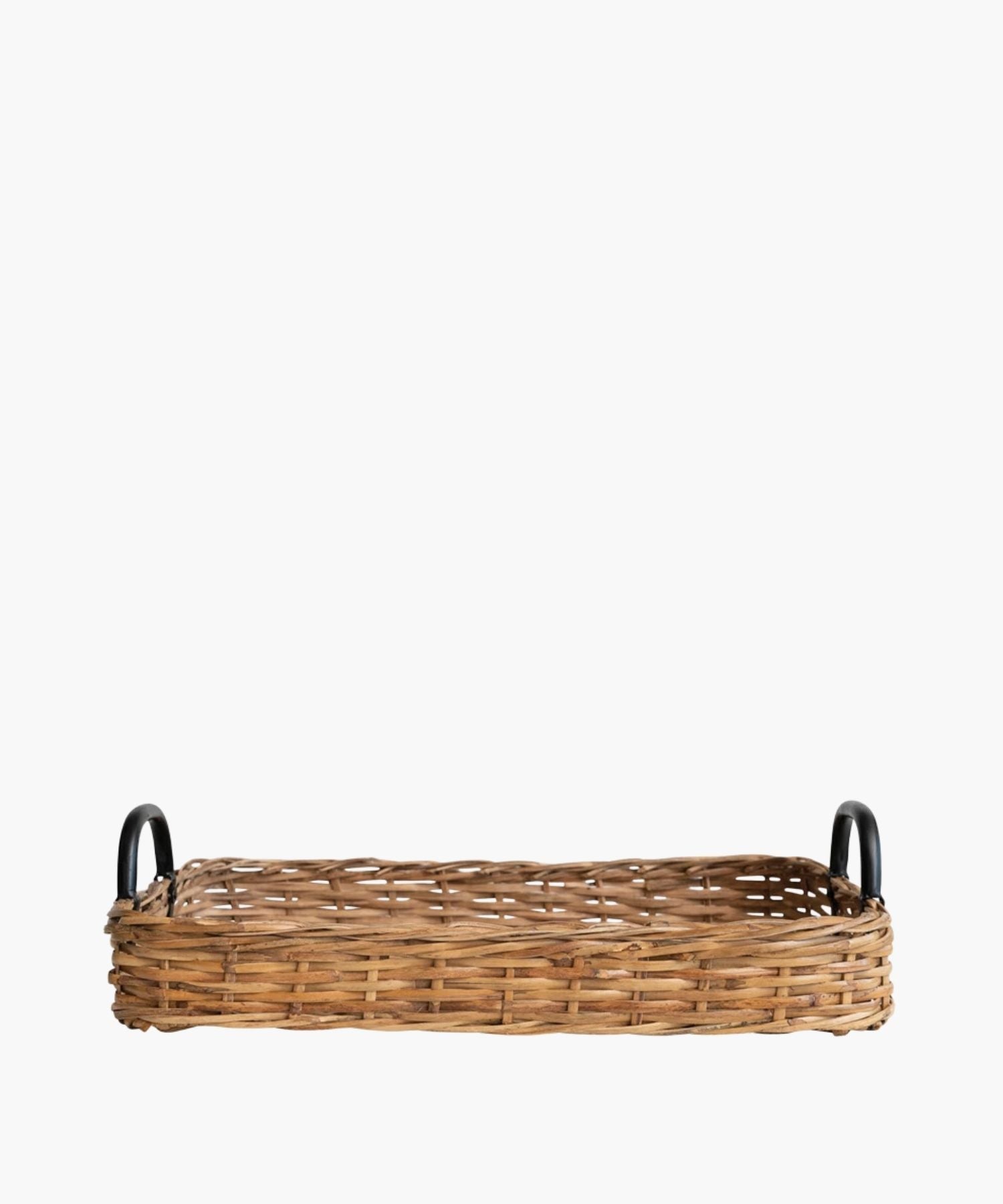A rectangular woven rattan tray or basket with a natural brown finish features black metal handles on both ends. The style is rustic and earthy. | SW Home