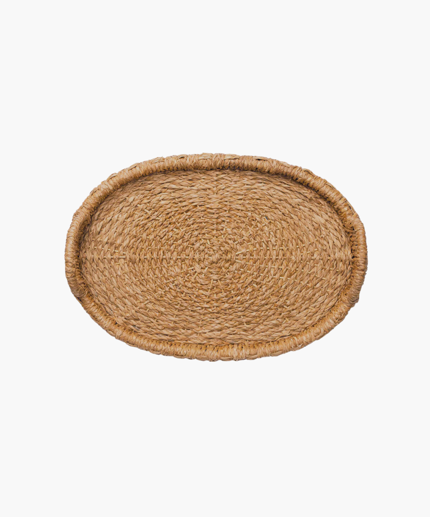 Overhead view of an oval hand-woven seagrass and rattan tray or basket with two looped handles on each side in natural brown tones. The tightly woven pattern suggests a sturdy, rustic style, suitable for home decor. | SW Home