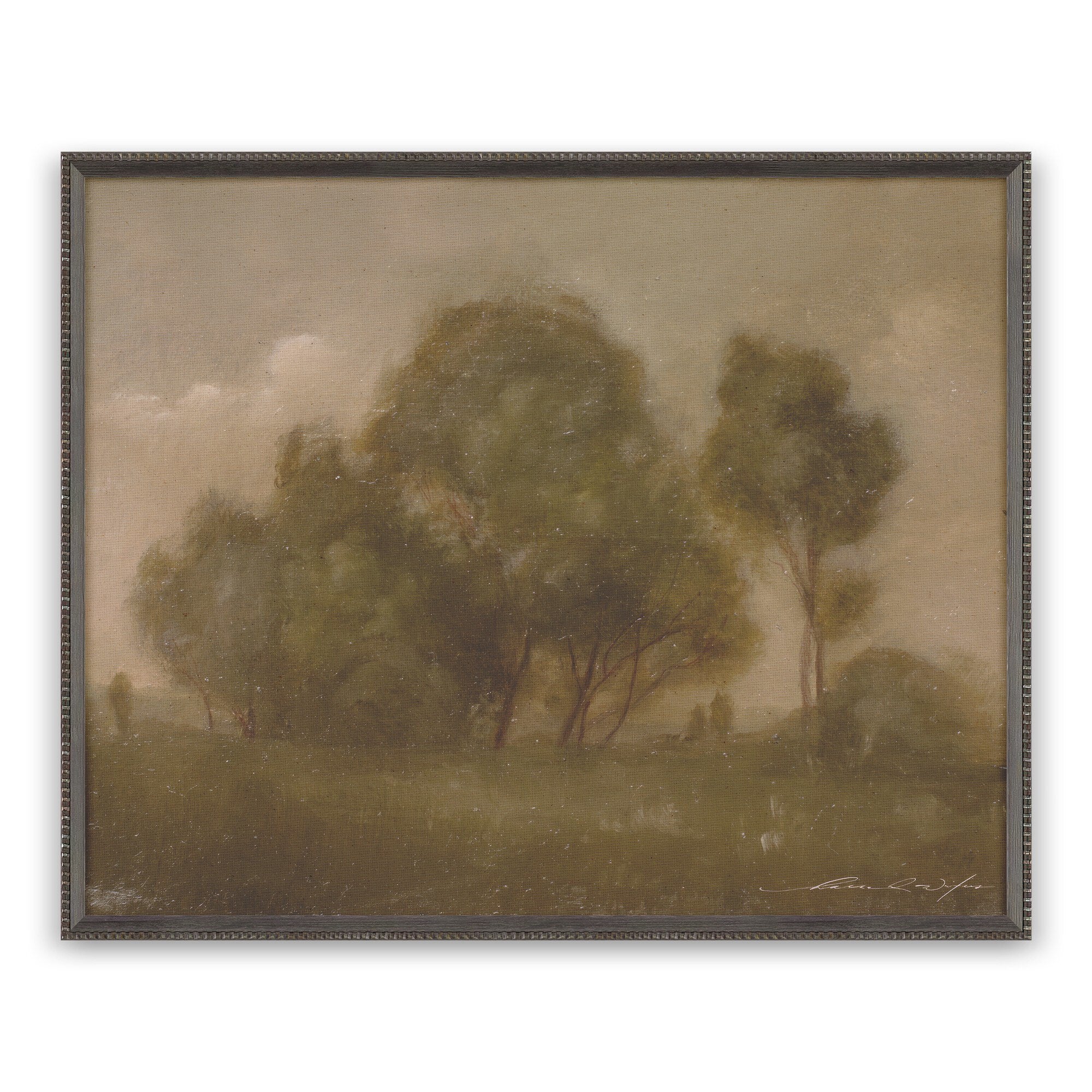 Framed artwork of a landscape with trees and a cloudy sky. | Wildwood Home Co.