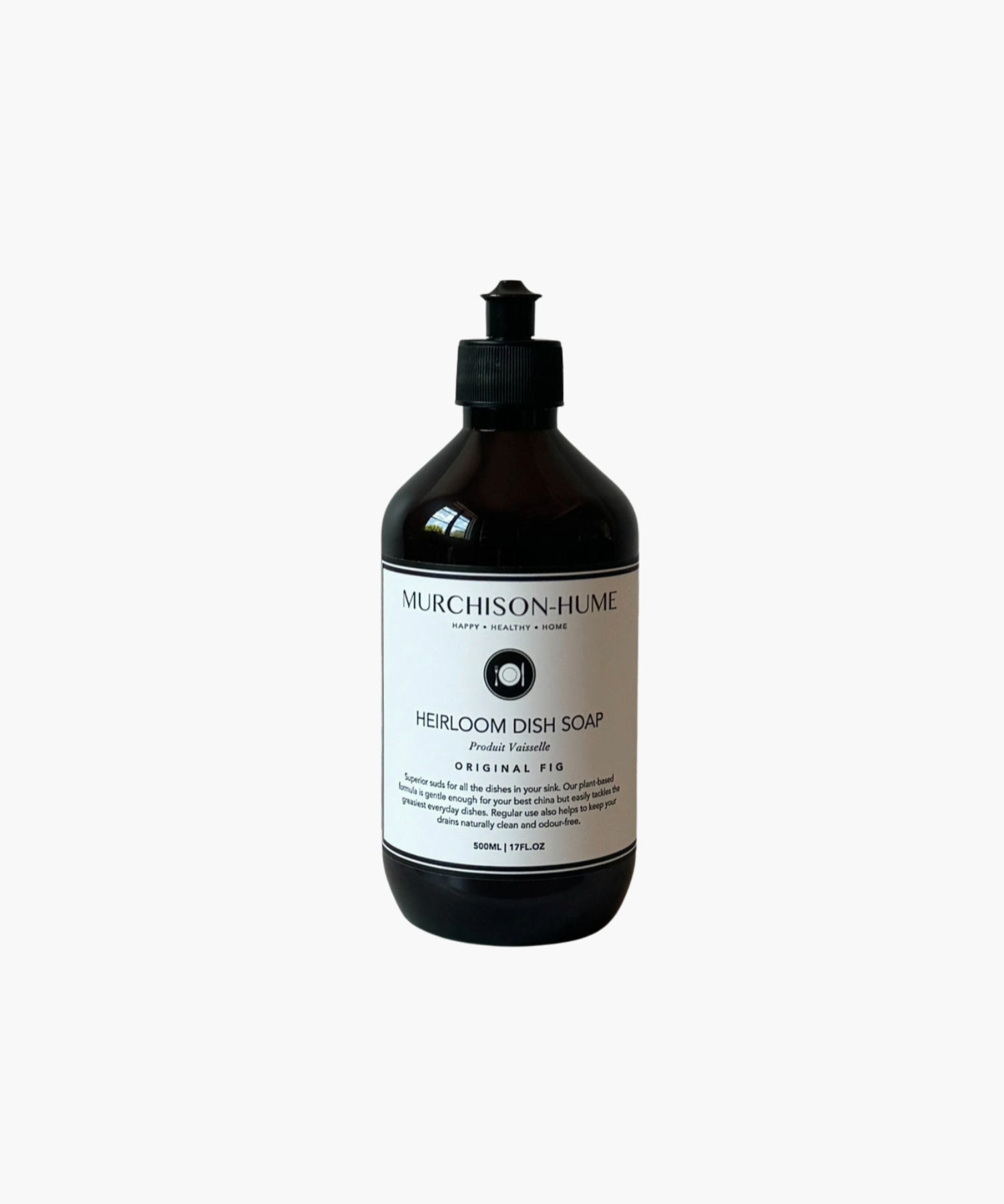A brown bottle of dish soap labeled "Murchison-Hume: Heirloom Dish Soap, Original Fig." Features a minimalist design and black pump top. | SW Home