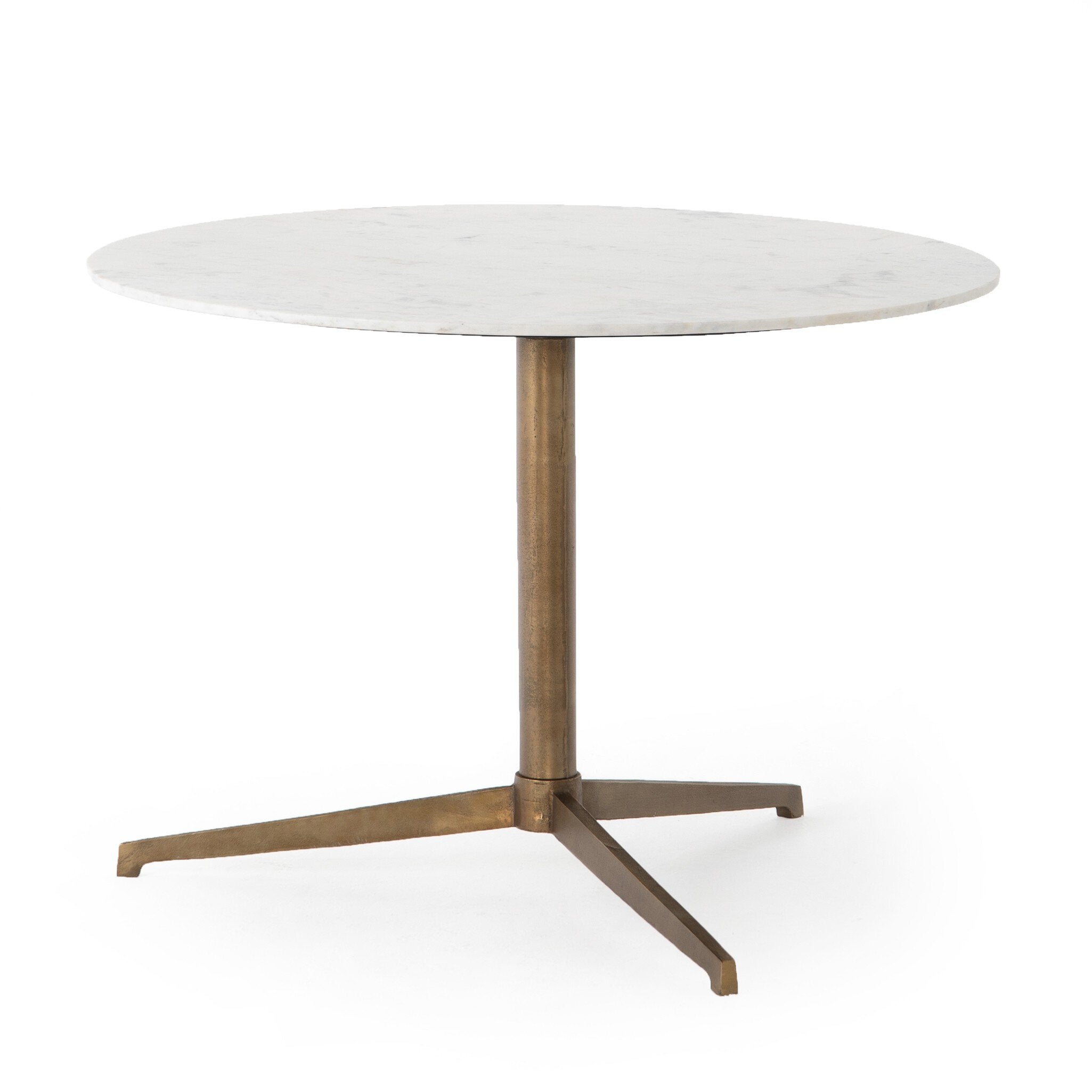 Round bistro table with marble top and bronze base on a white background. | S.W. Home