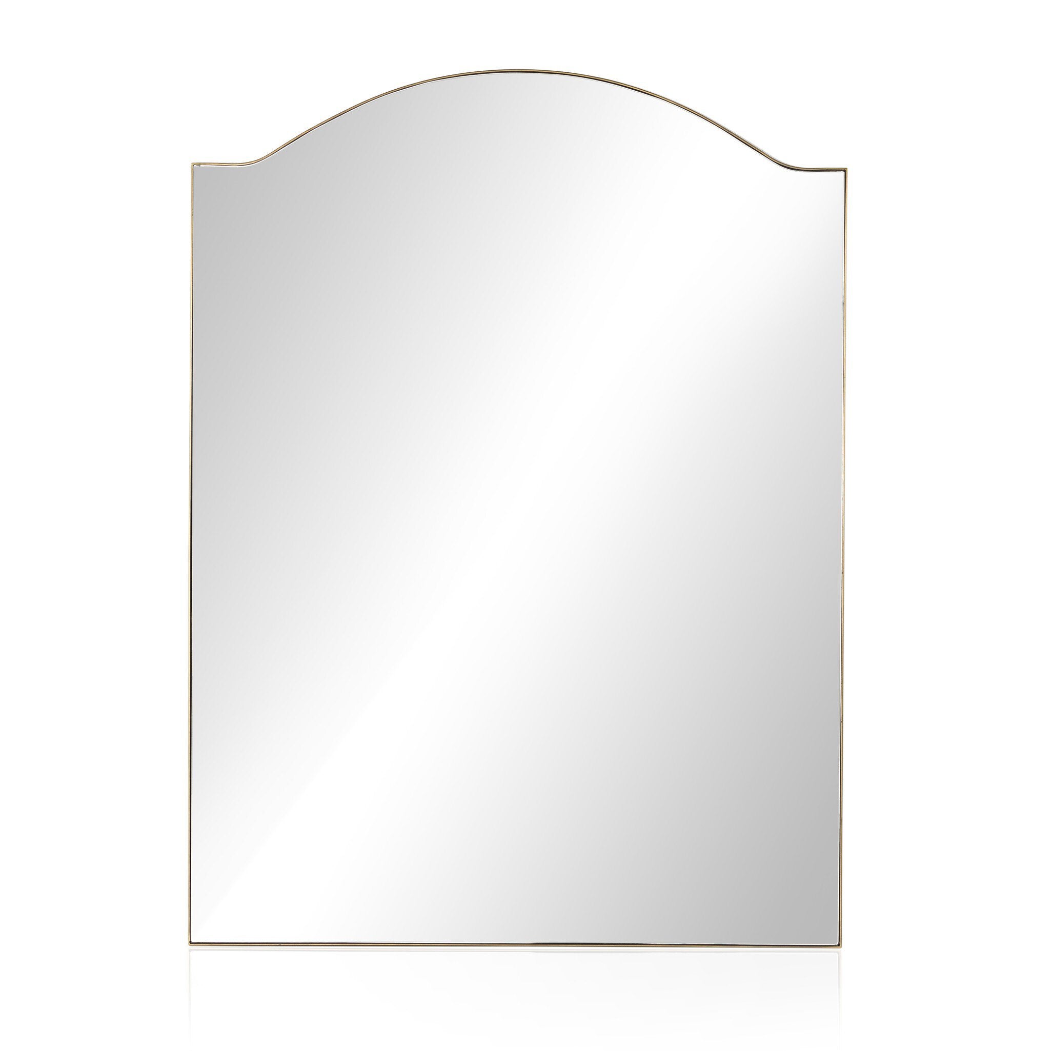 Rectangular floor length mirror with curved detail and a gold frame on a white background. | Wildwood Home Co.
