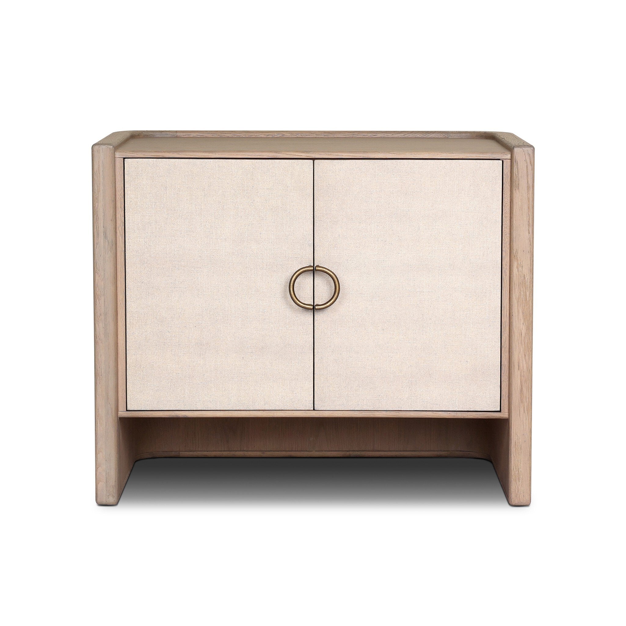 Small cabinet style nightstand with two doors and split circle hardware on a white background. | S.W. Home